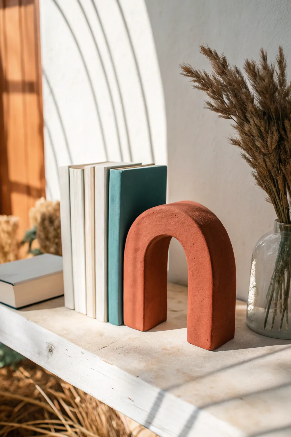 Chunky geometric clay bookends in matte earthy tones, a simple DIY statement for your shelf