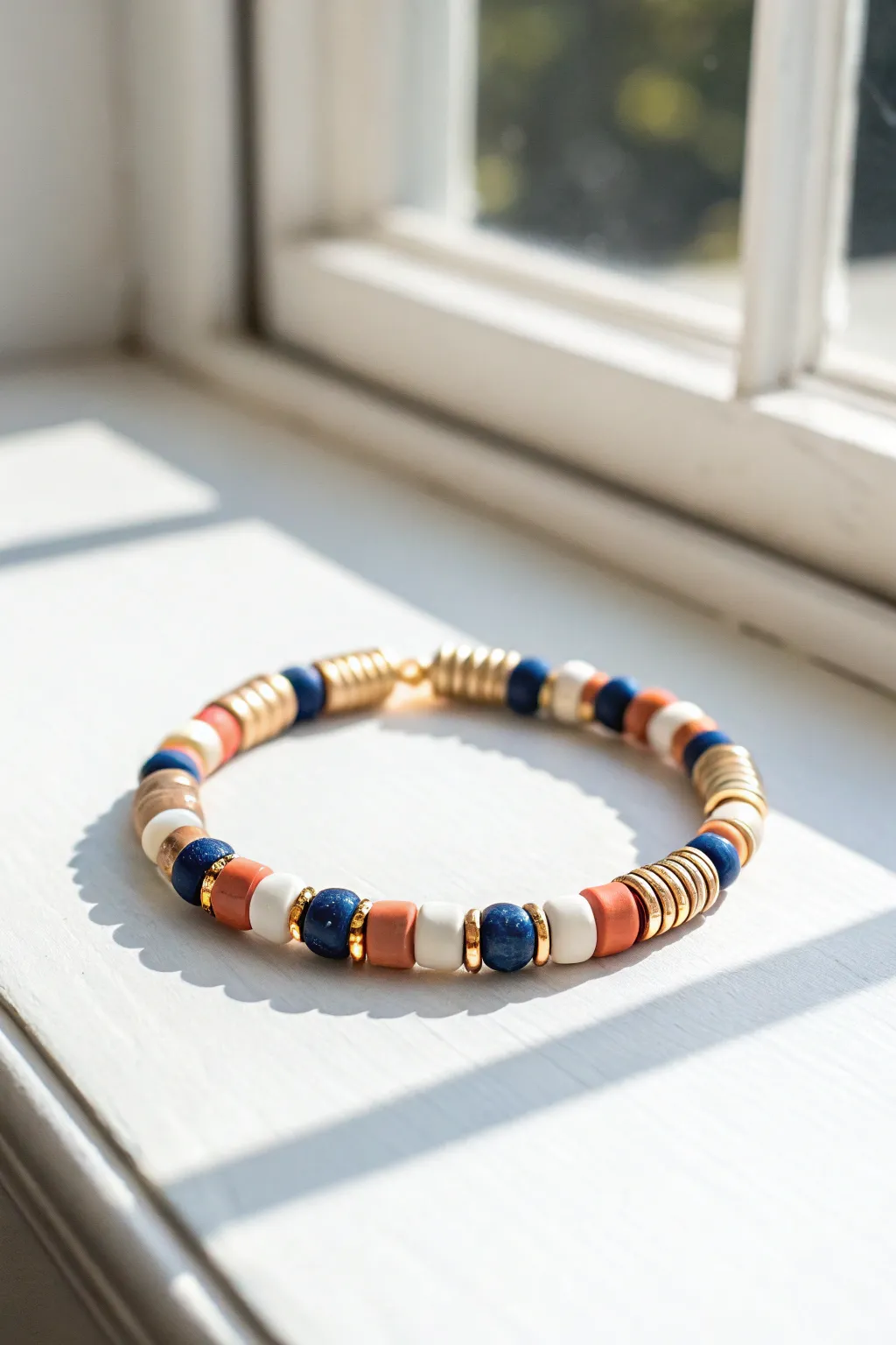 Minimal clay disc bracelet with spacer beads in Morse code patterns for a hidden joke message.