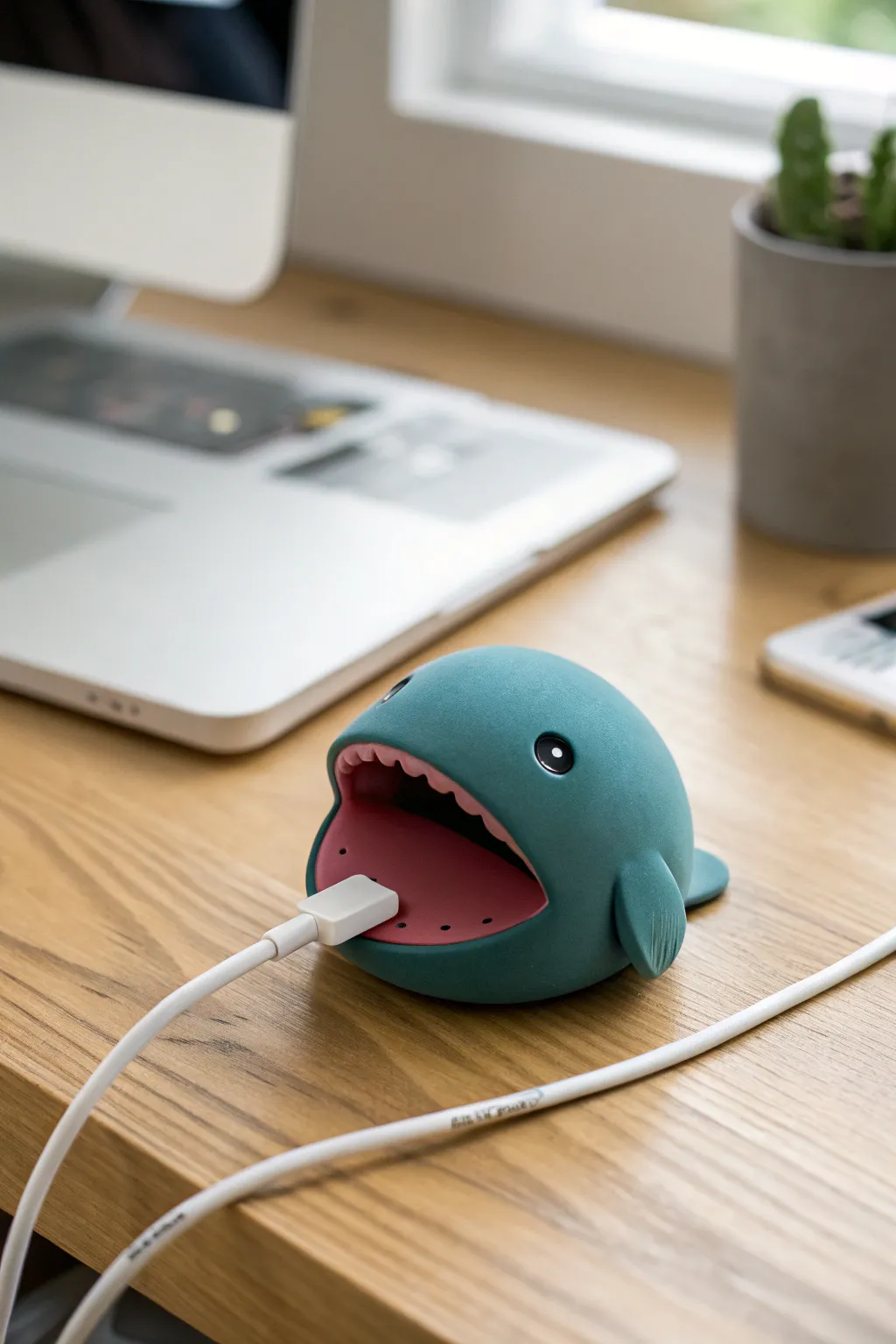 Cute clay monster cable holder chomping your charger, minimalist desk styling, bold color pop.
