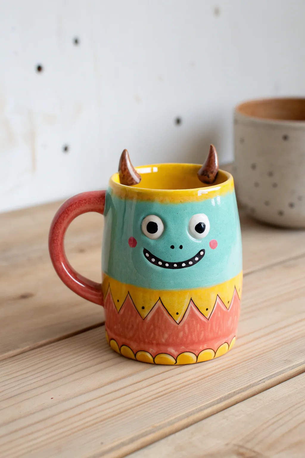 Cheerful horned monster mug with bright glaze and goofy mismatched eyes for a playful sip
