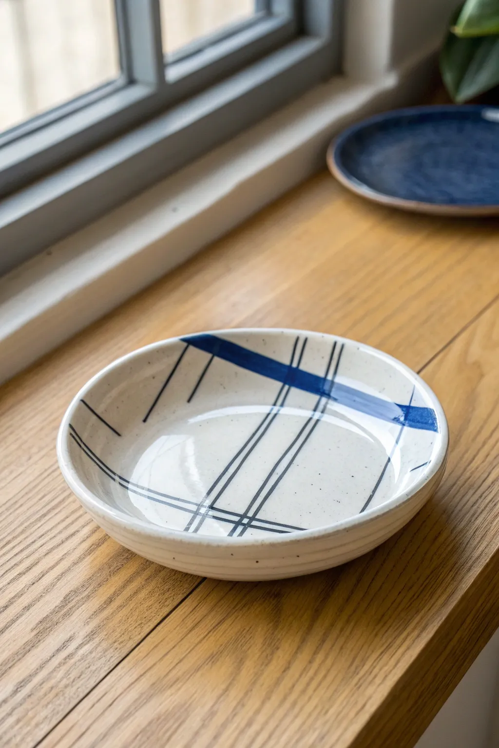 A cheeky museum-label snack plate in glossy white, bold blue accents, and minimalist black lines.
