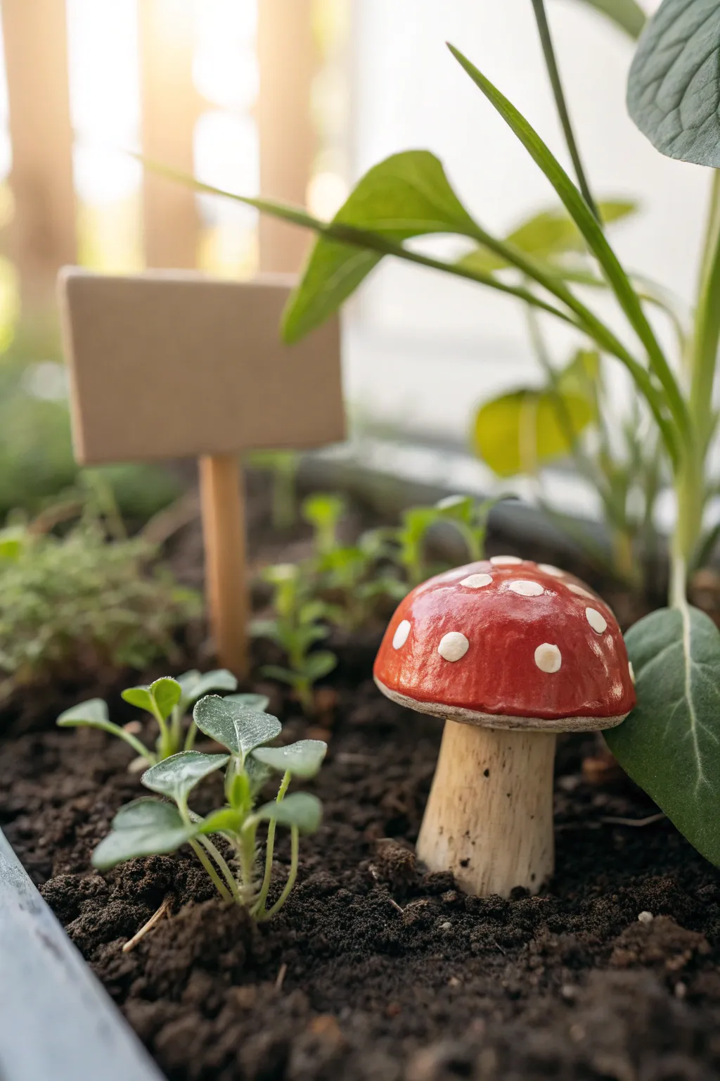 Mini ceramic mushroom with a blank clay marker, adding subtle whimsy to a lush garden bed.