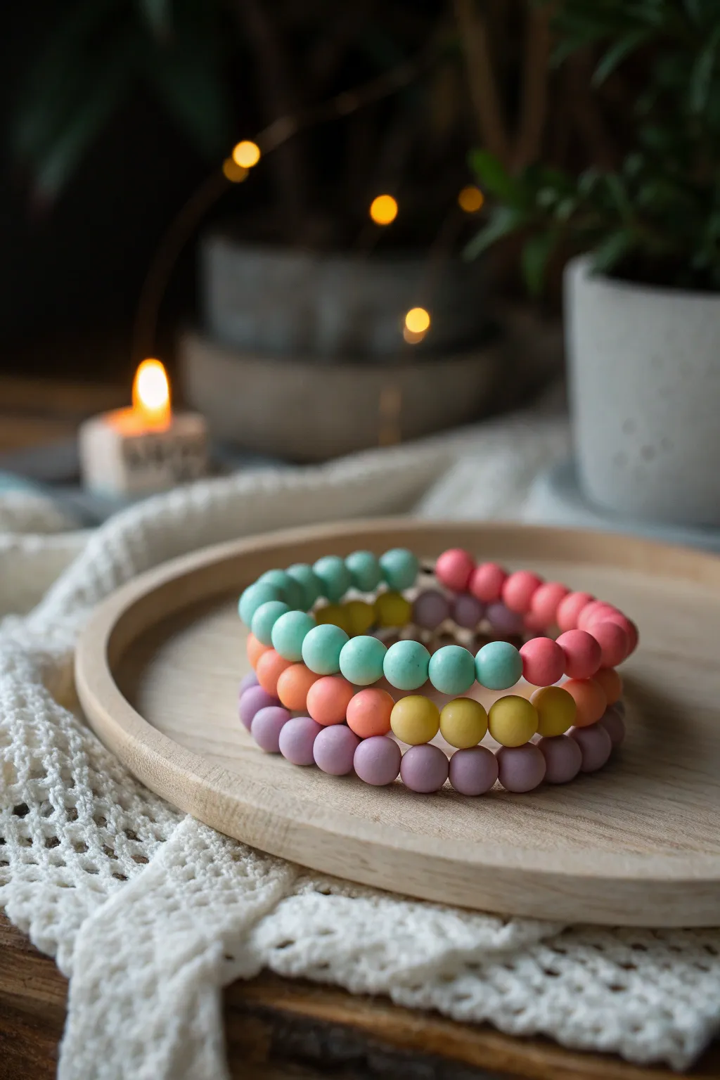 Glow style clay bead bracelet set in bold colors, softly lit to reveal dreamy luminous beads.