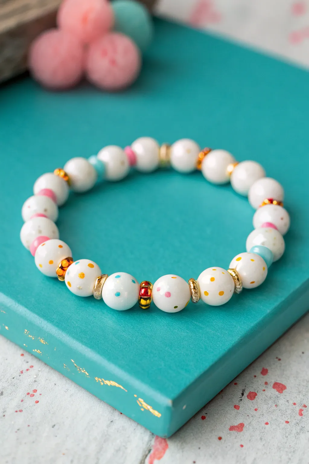 Mostly-white clay bead bracelet with candy confetti colors and gold spacers on a bold teal backdrop.