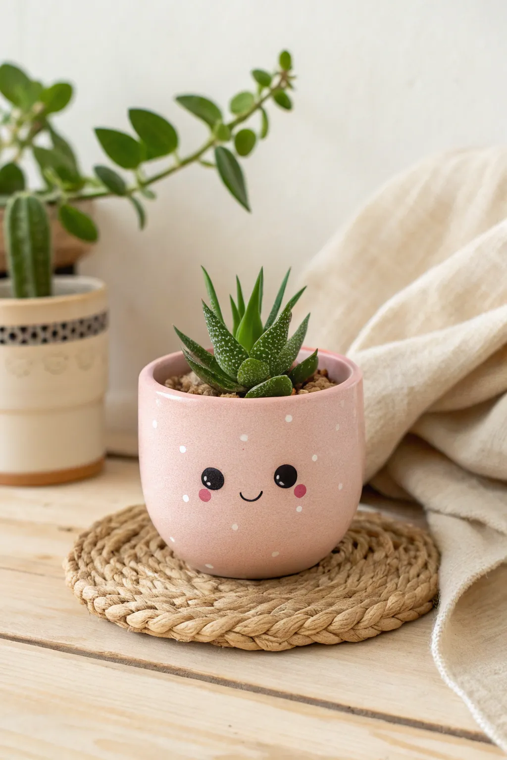 Sweet kawaii teacup planter in blush glaze, a tiny succulent bringing girly charm to your desk