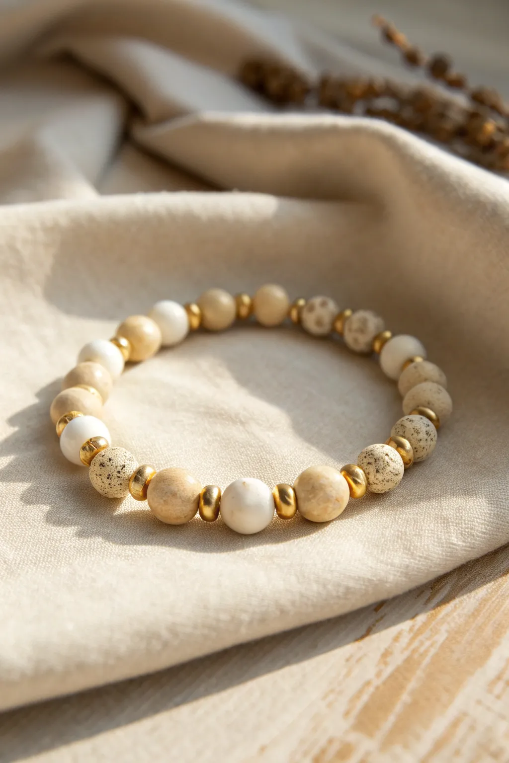 Minimal clay bead bracelet with delicate gold foil flecks and simple brushed gold spacers