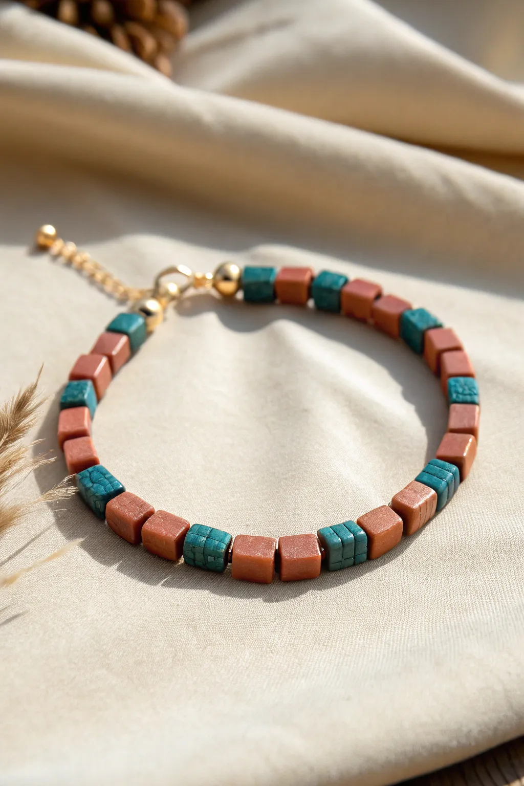 Mini checkerboard heishi bracelet in bold earthy tones, minimalist, boho, and easy to recreate.
