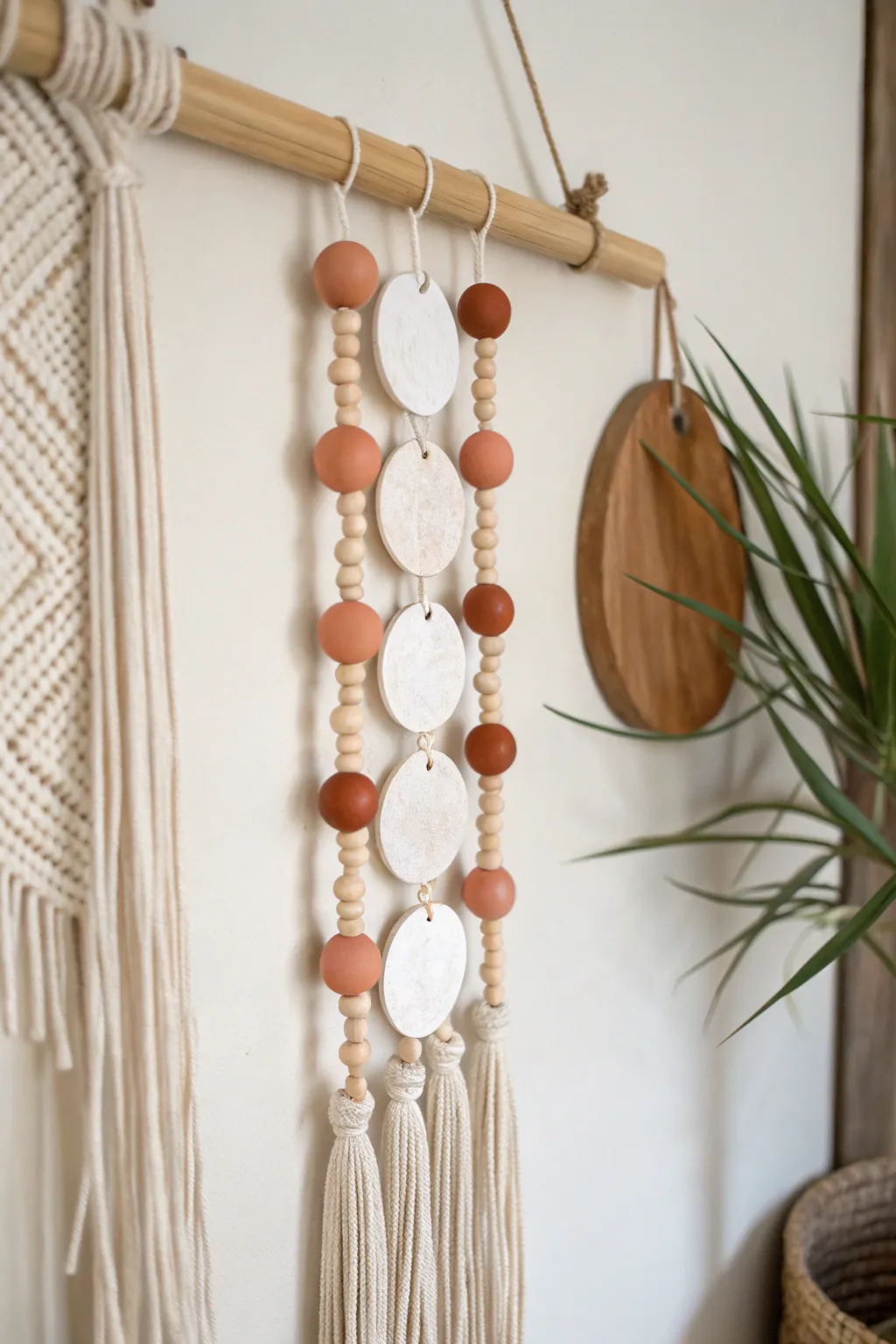 Minimal clay bead wall hanging in neutral tones with a bold accent, calm boho Nordic vibe