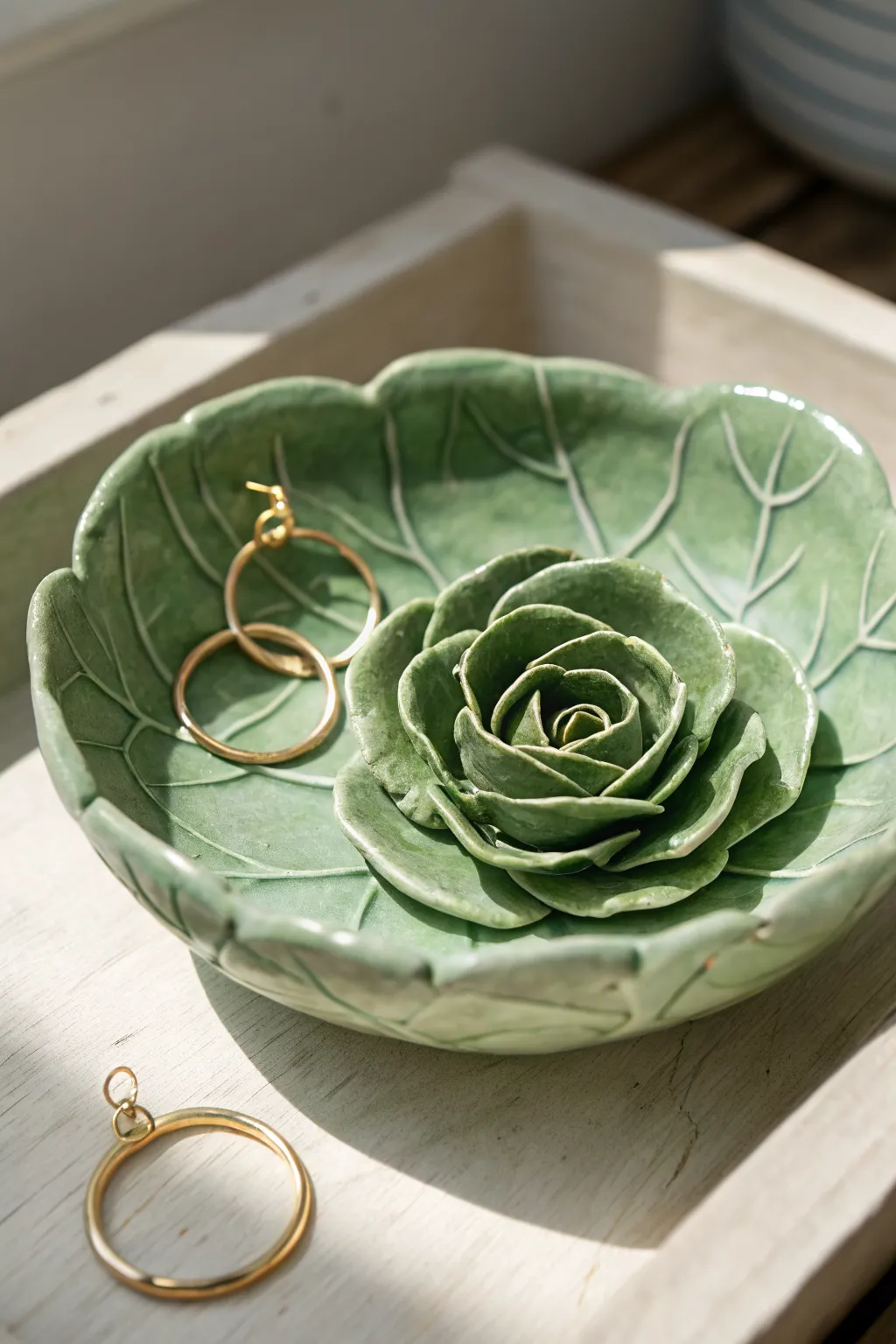 Cabbage-rose green air dry clay jewelry bowl, a calm Scandinavian statement for your dresser.