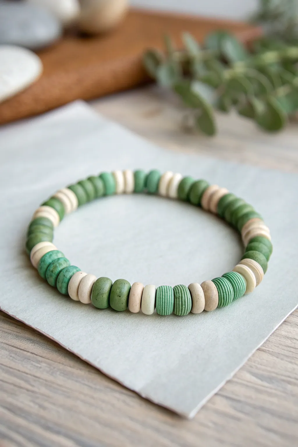 Green stripe clay bead bracelet with tiny neutral stops, simple sectioned design in bold greens