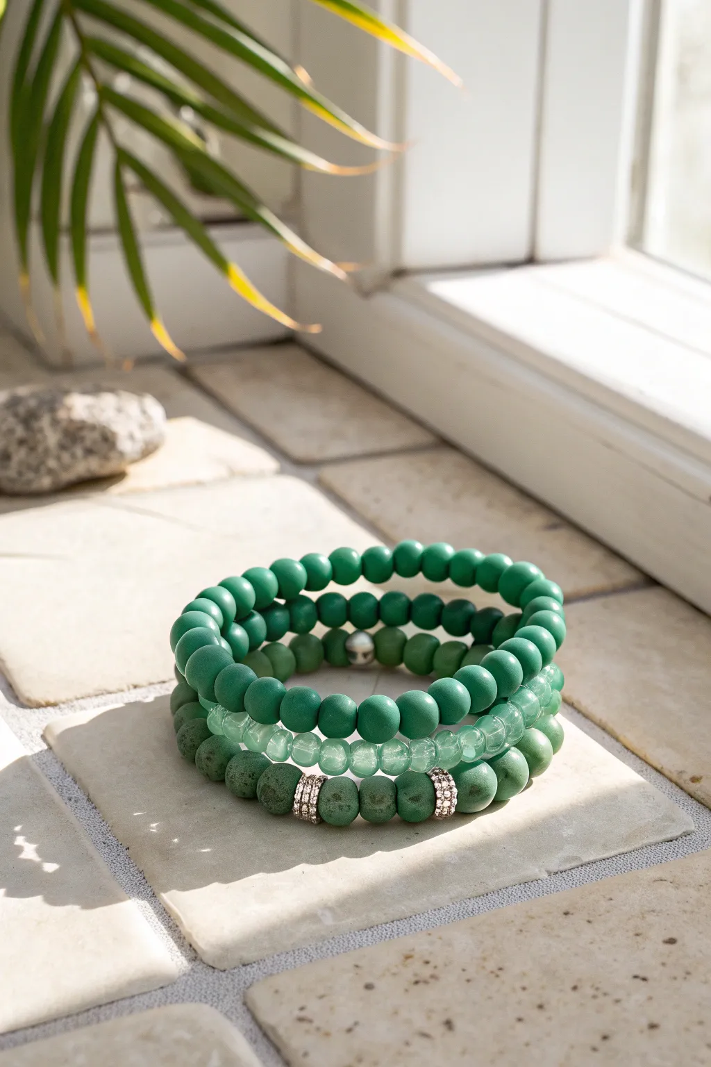 Two stacked green clay bracelets with clear faceted beads, glowing in bright natural light