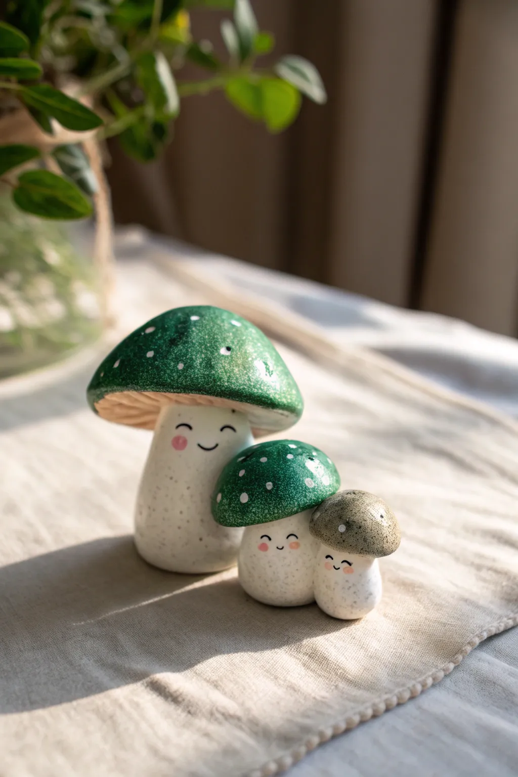 Mossy green mushroom buddies in polymer clay, simple and charming for a whimsical forest vibe
