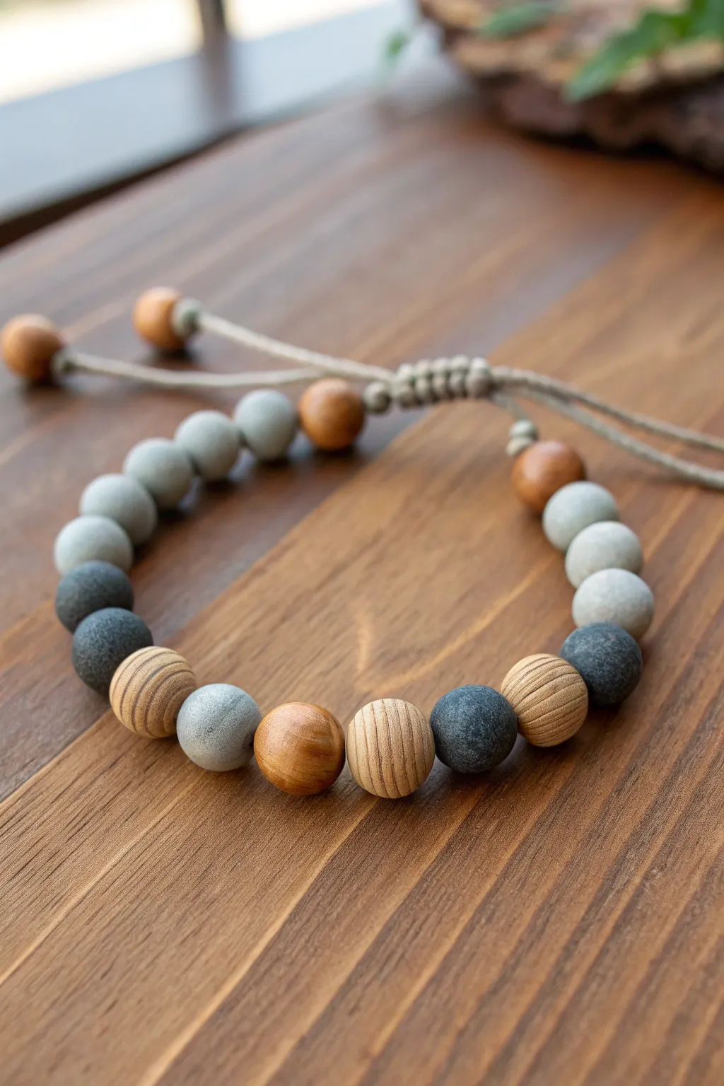 Grey clay and smooth wood beads blend into a rustic unisex bracelet with minimalist Nordic warmth.