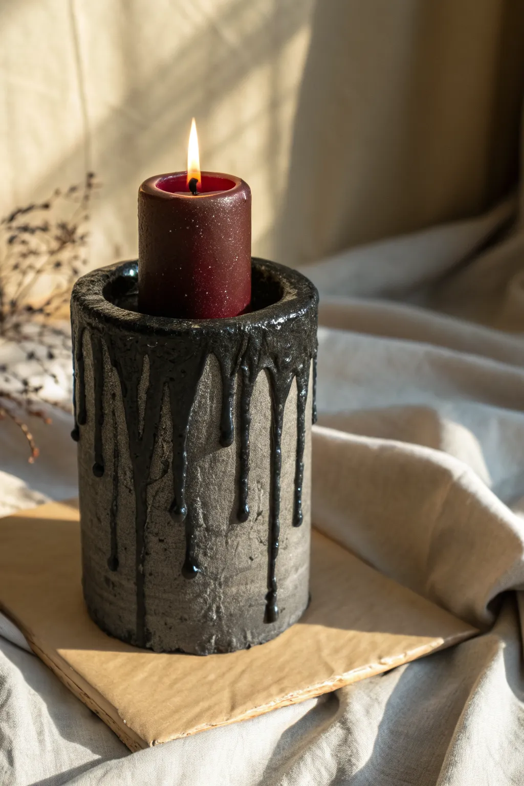 Moody drippy black clay candle holder, glossy tar look with warm candlelight for grunge chic.