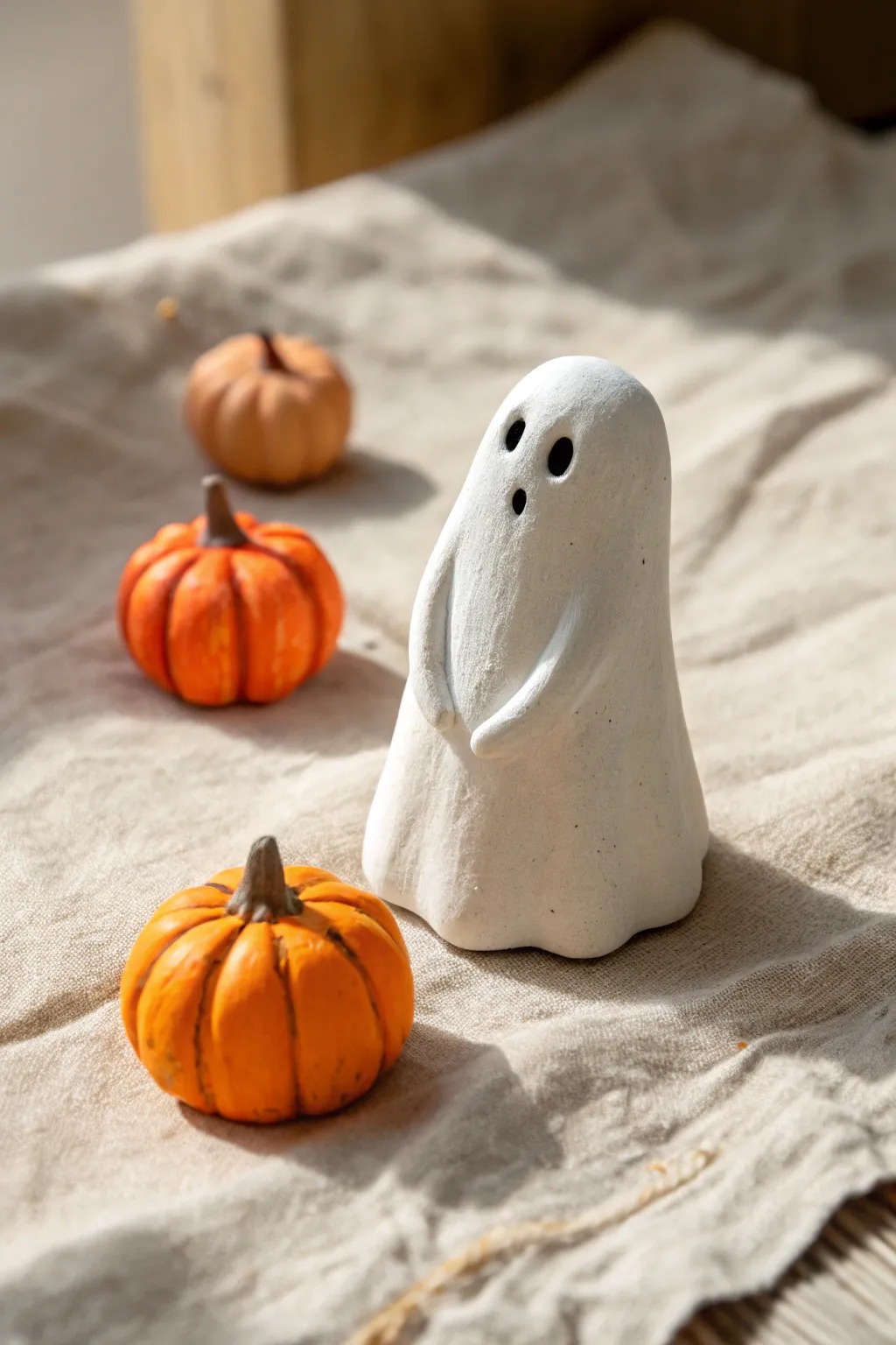 Sweet air dry clay ghost cuddling a tiny pumpkin, minimalist Halloween decor with bold color pop