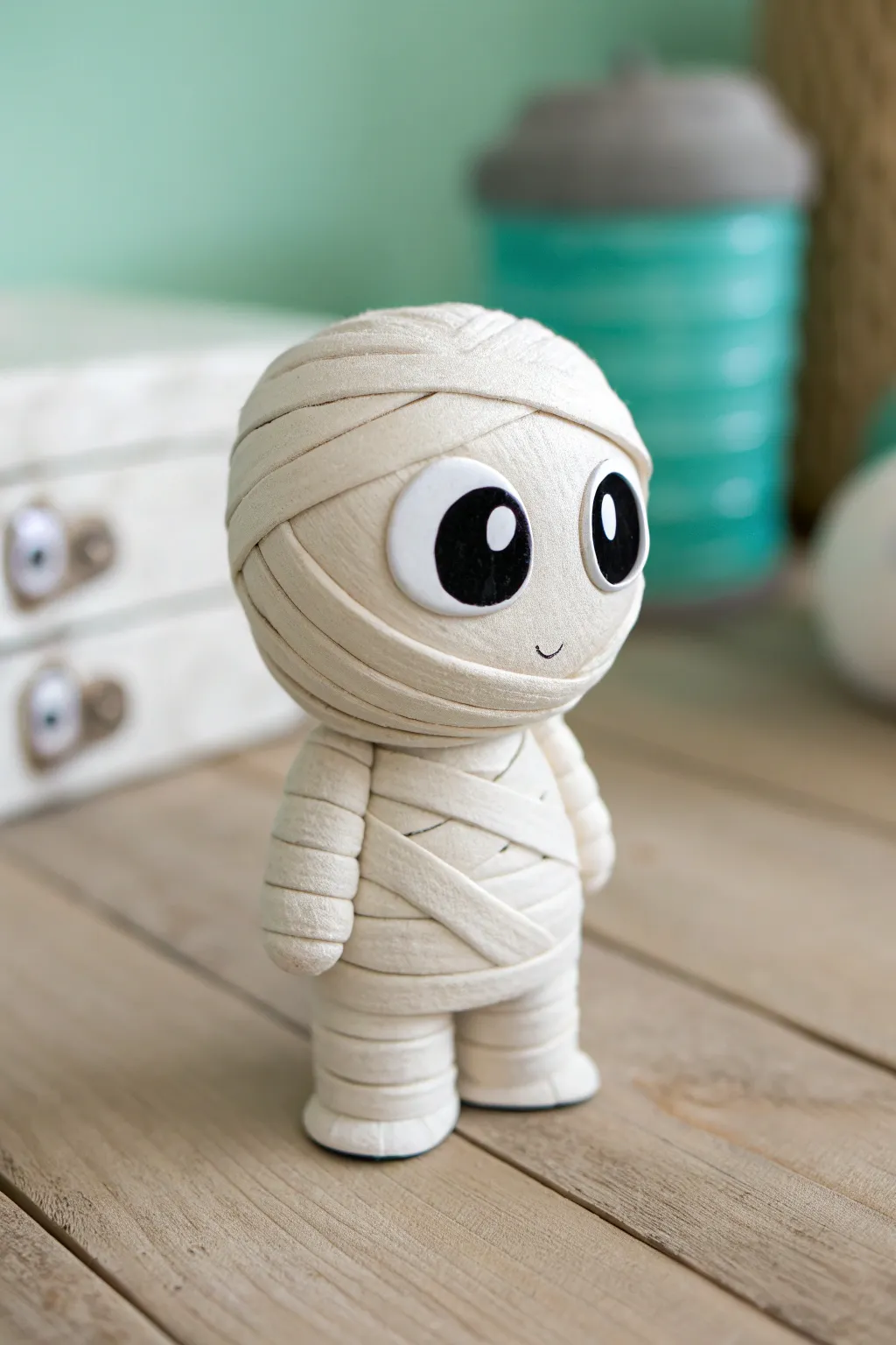 Cute air-dry clay mummy with wrapped texture and big eyes, an easy Halloween figurine kids can make.