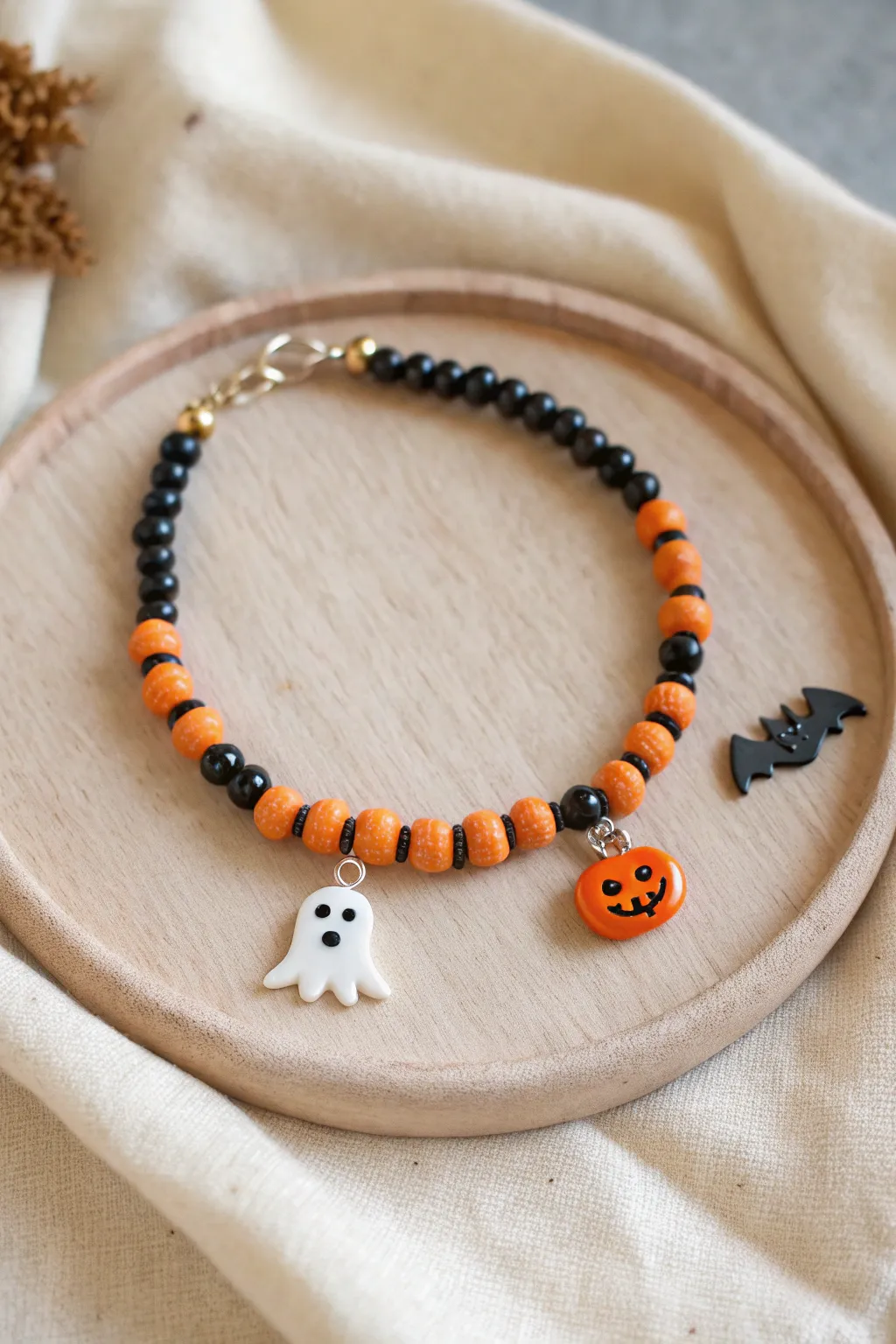Mini ghost, bat, and pumpkin charm cluster on bold black-and-orange heishi beads