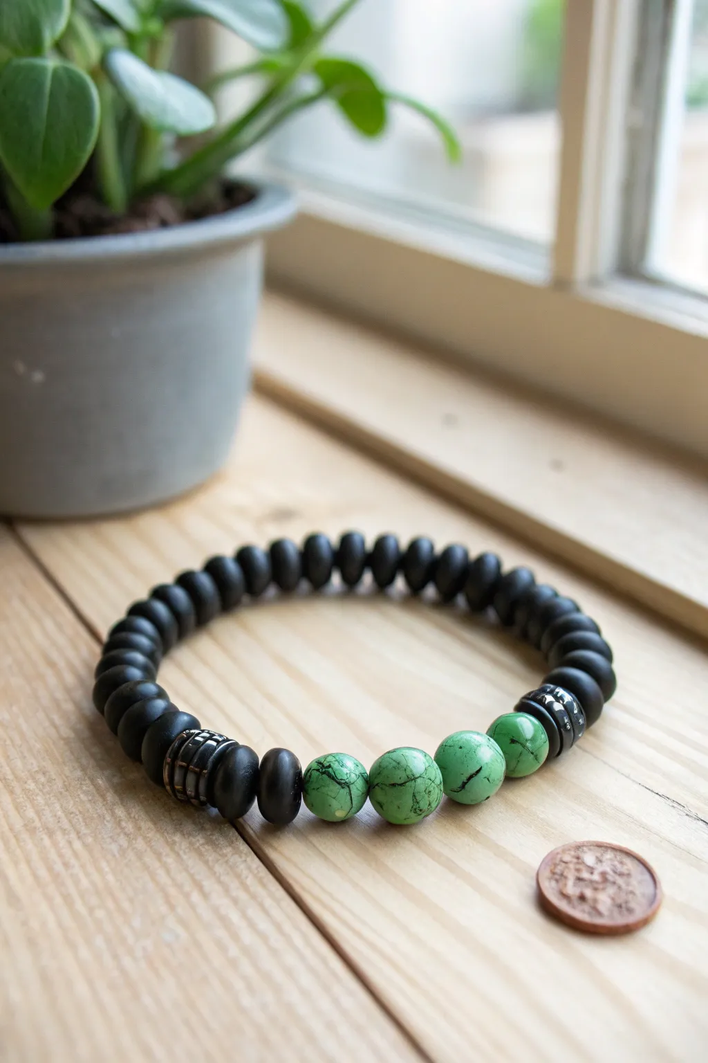 Minimal black heishi bracelet with bold marbled monster green and black clay bead accents