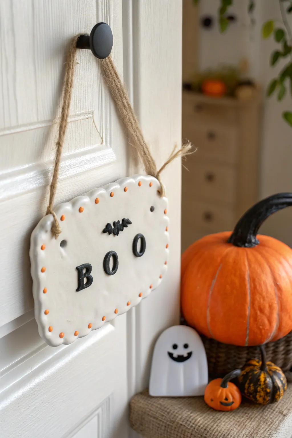 Kids Halloween clay plaque with pumpkin and ghost, hanging decor in cozy minimalist boho style