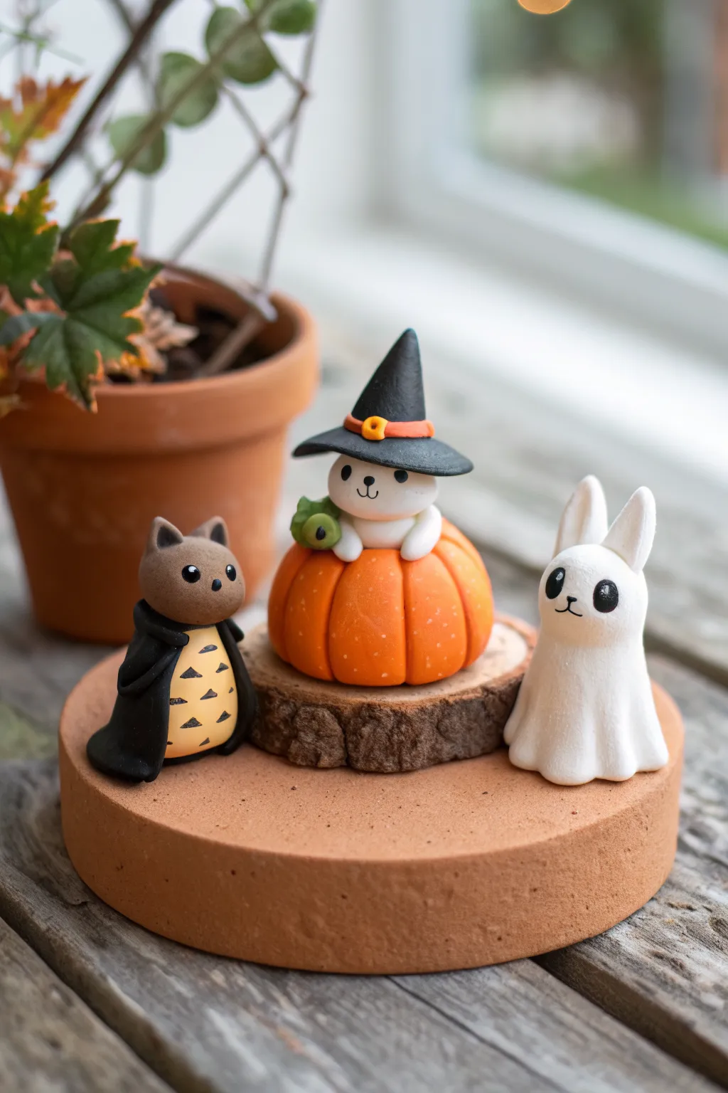 Three tiny clay animals in Halloween costumes, a bold minimalist centerpiece with cozy handmade charm.