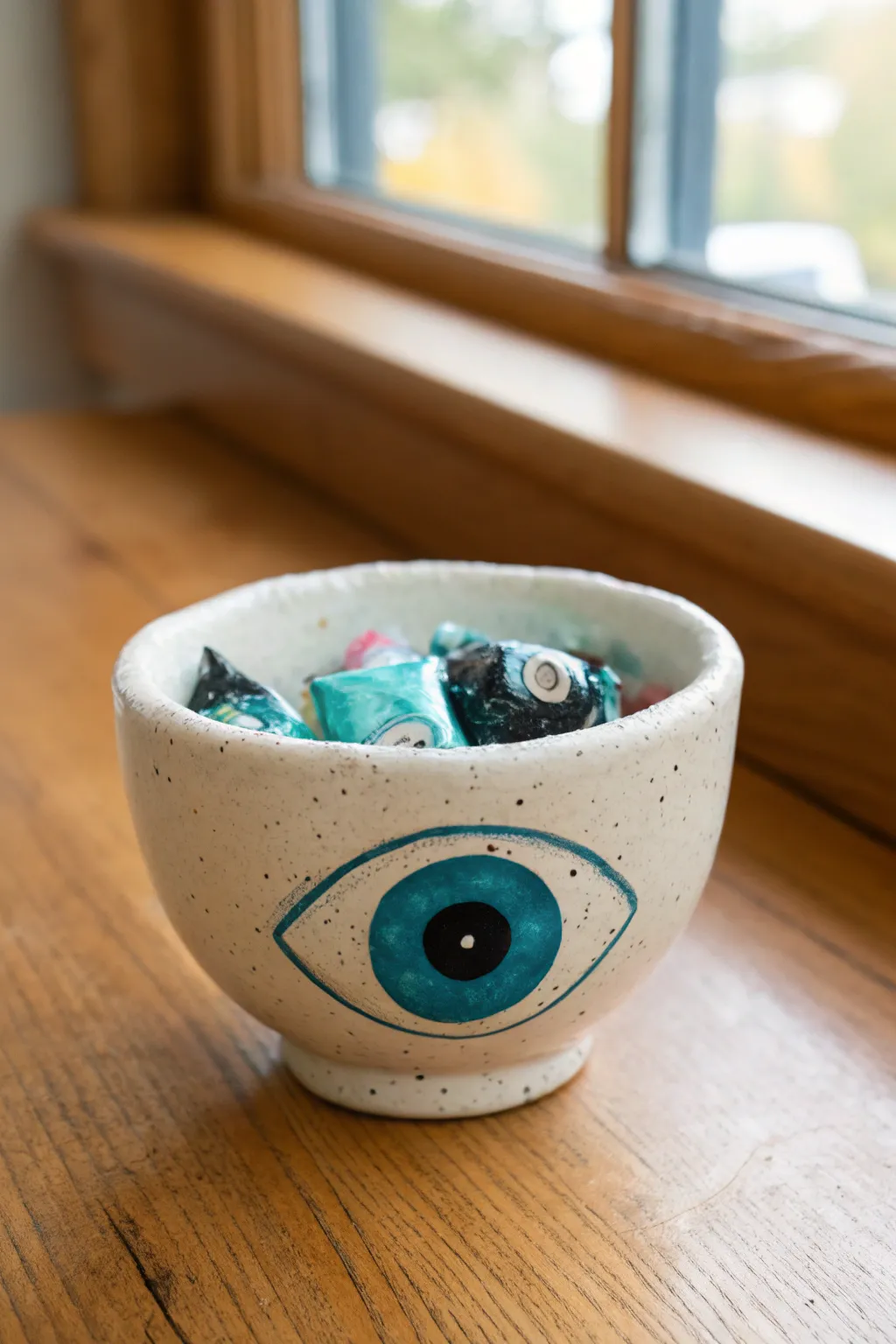 Minimalist eyeball pinch pot candy cup with bold color and handcrafted texture for Halloween
