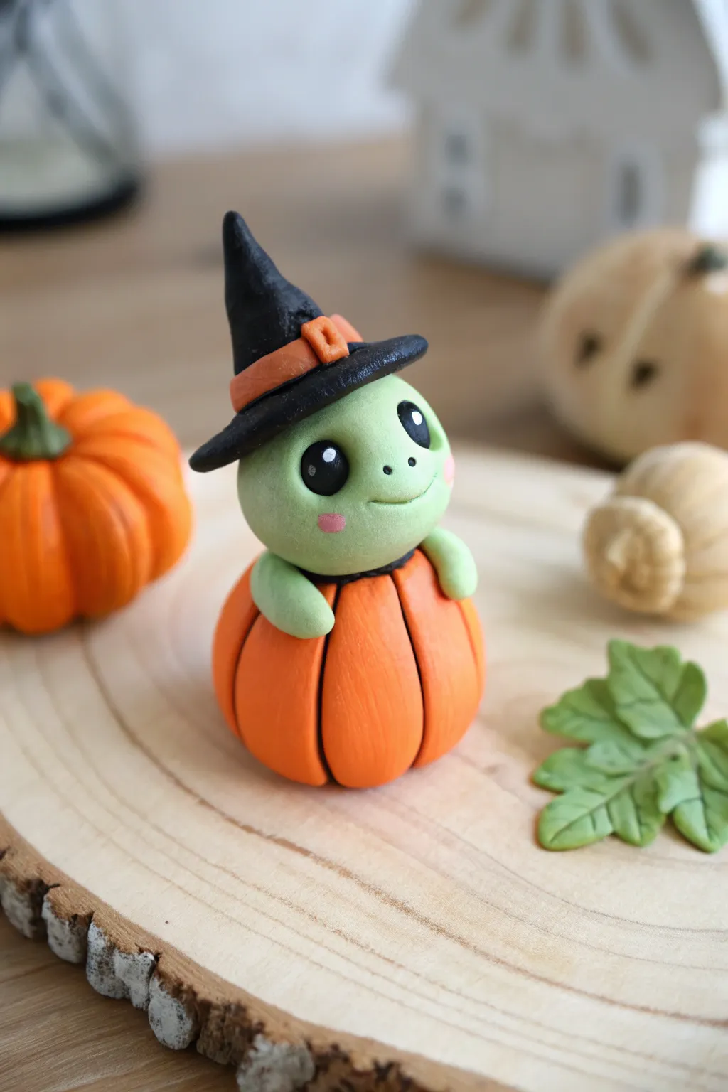 Pumpkin-shelled turtle mini: a cute Halloween polymer clay idea with bold color and minimalist charm.