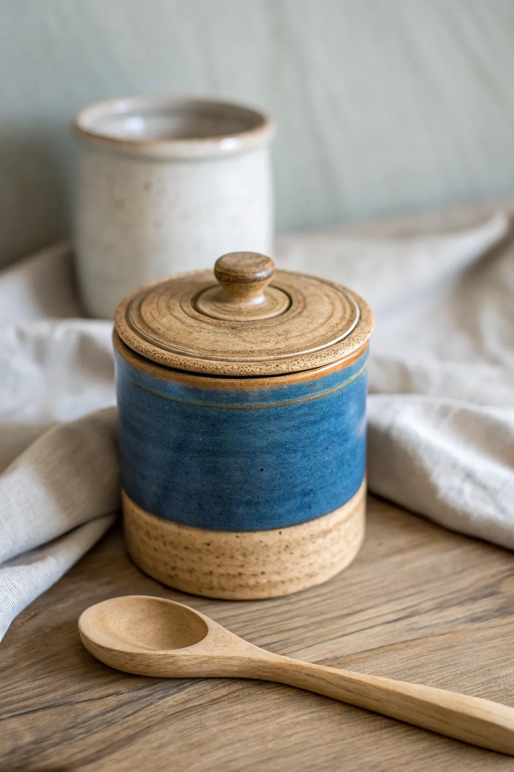 Handbuilt lidded jar with a snug knob lid, ideal for salt or tea in a calm modern kitchen.