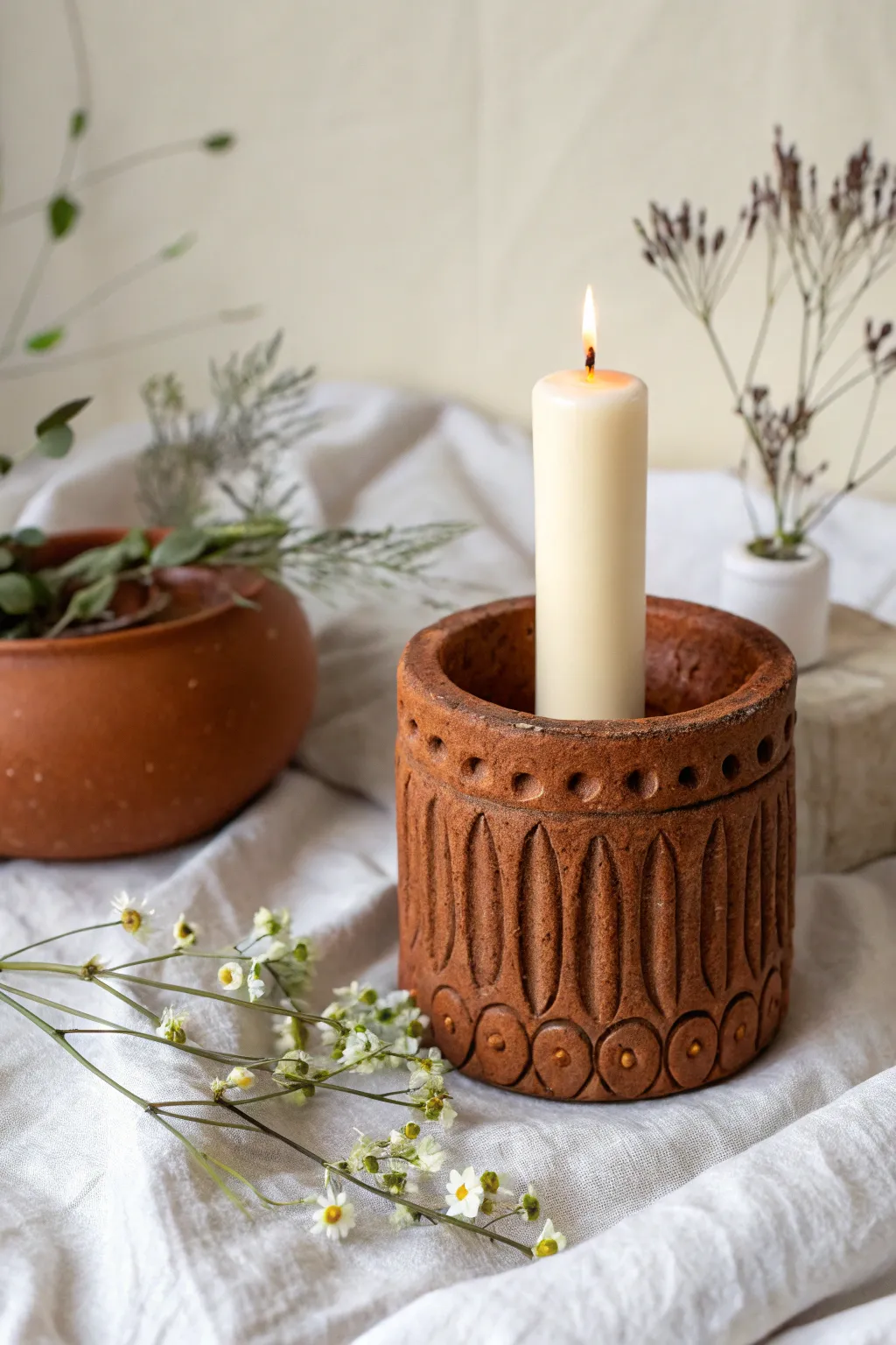 Chunky handbuilt candle holder with drippy carved texture in a bold earthy glaze, softly lit.