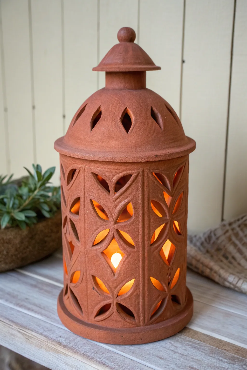 Cozy hand-built clay lantern with simple cutouts, glowing softly on a minimalist wooden shelf.