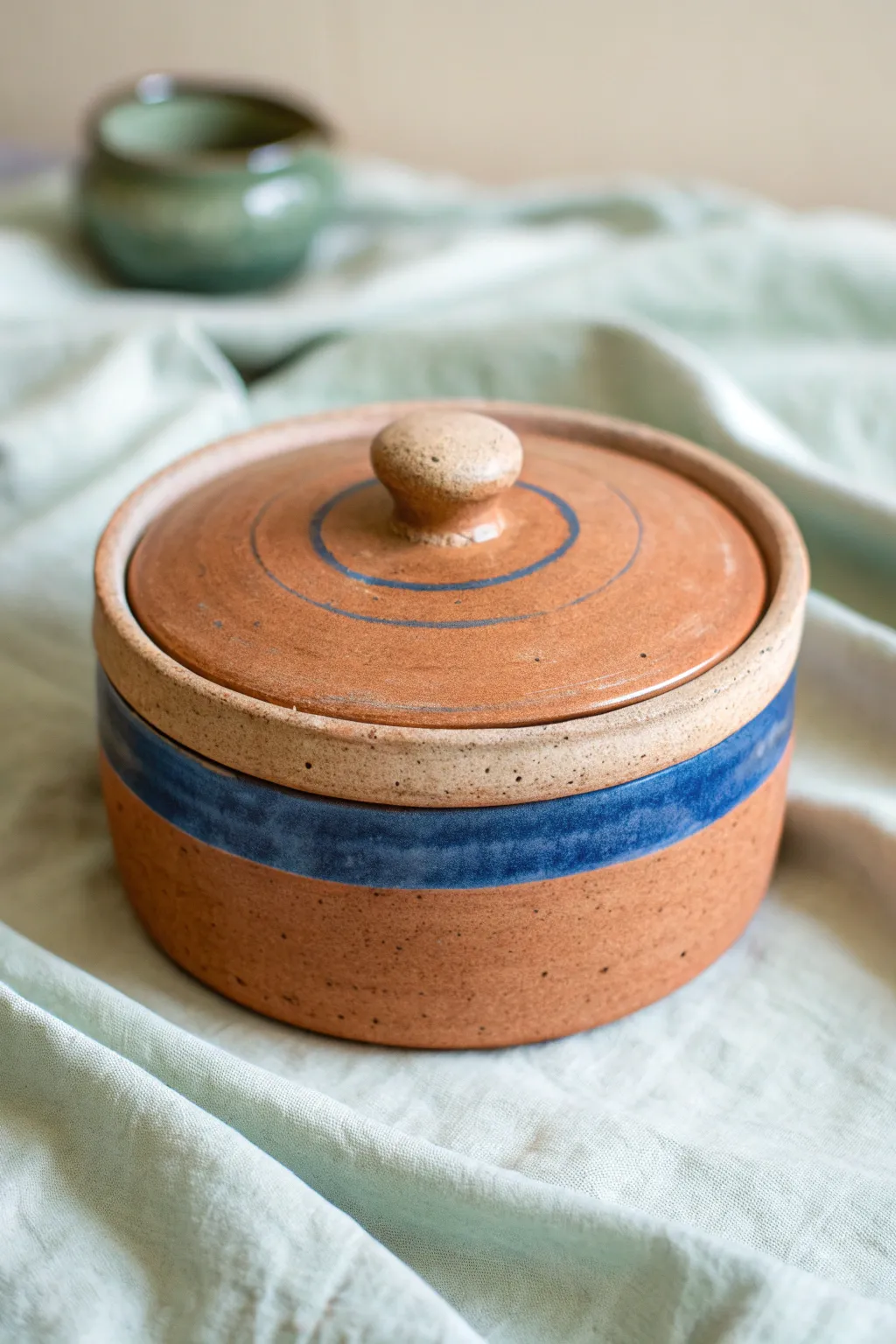 Simple hand-built trinket box with a peek inside, clean lines and bold color contrast.