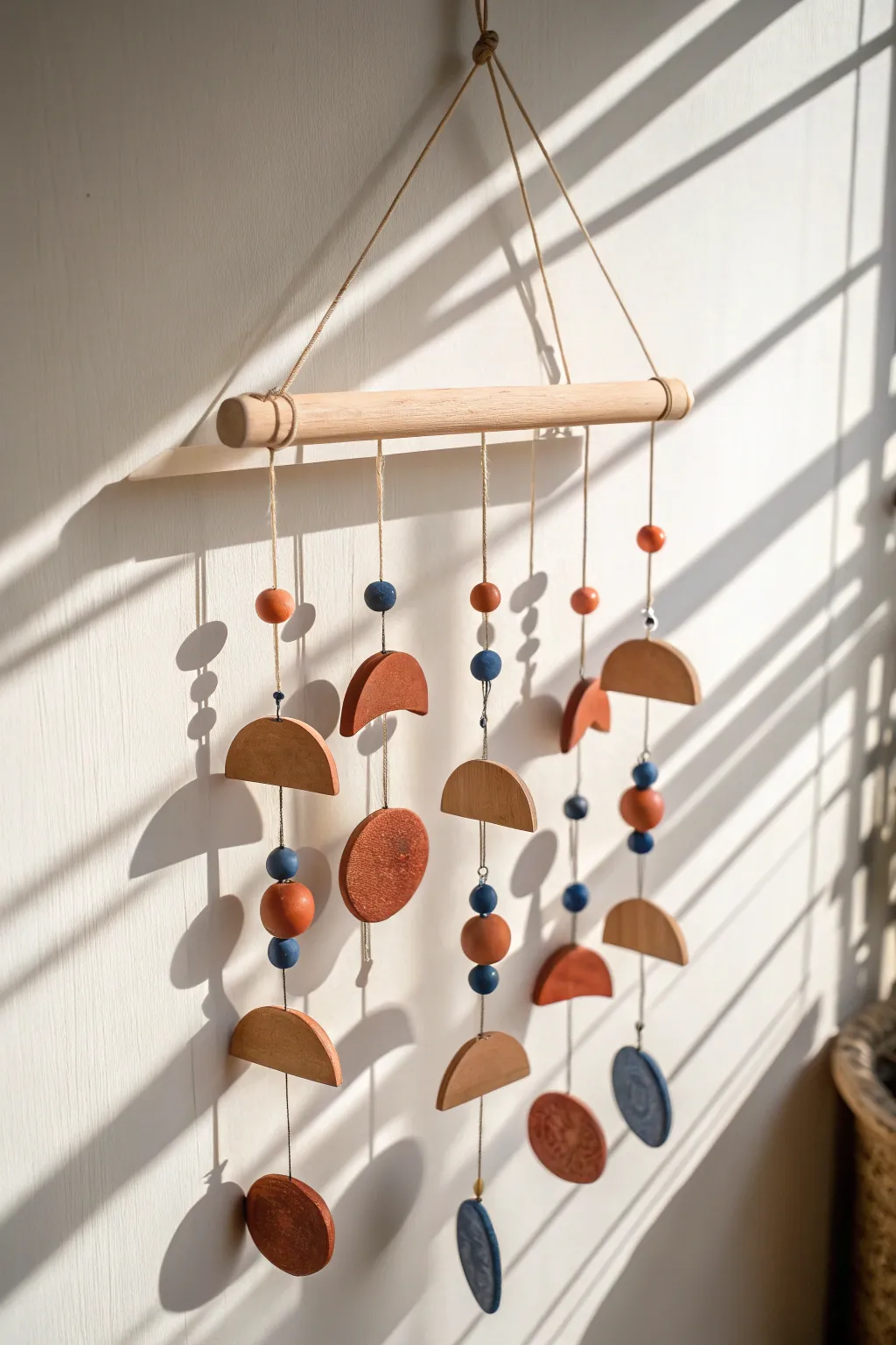 Minimal wall hanging clay mobile with moons and bold accents, sunlit shadows, cozy boho calm
