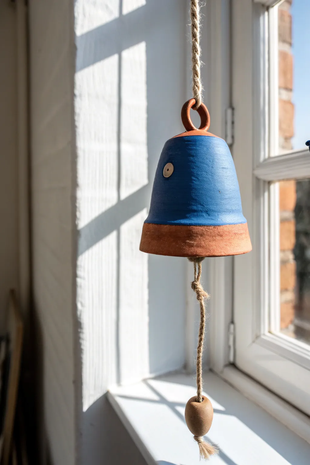 Simple pinch-pot clay bell by the window, a minimalist wind chime with warm boho color.