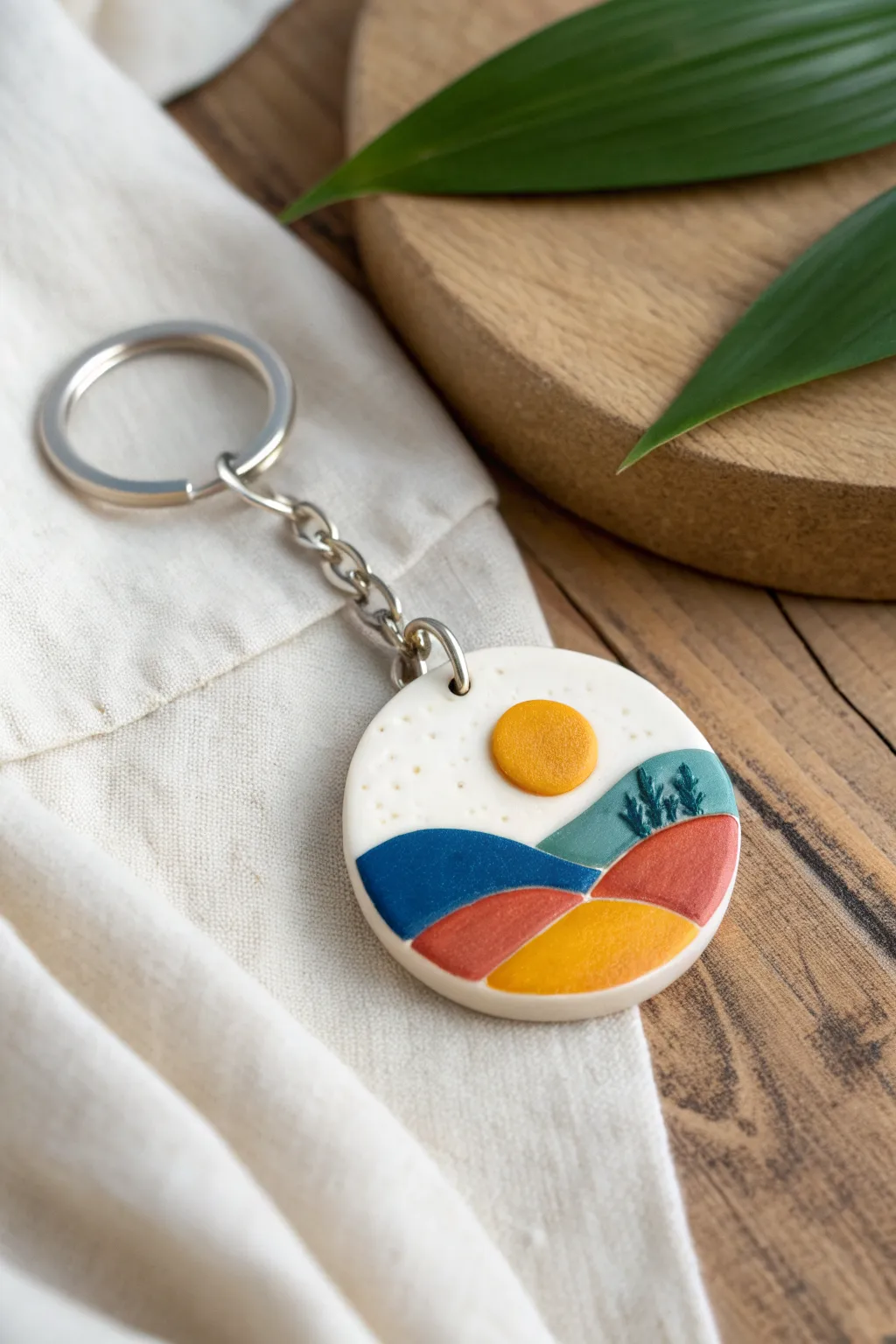 Layered mini landscape clay keychain charm with glossy finish and bold, modern colors.