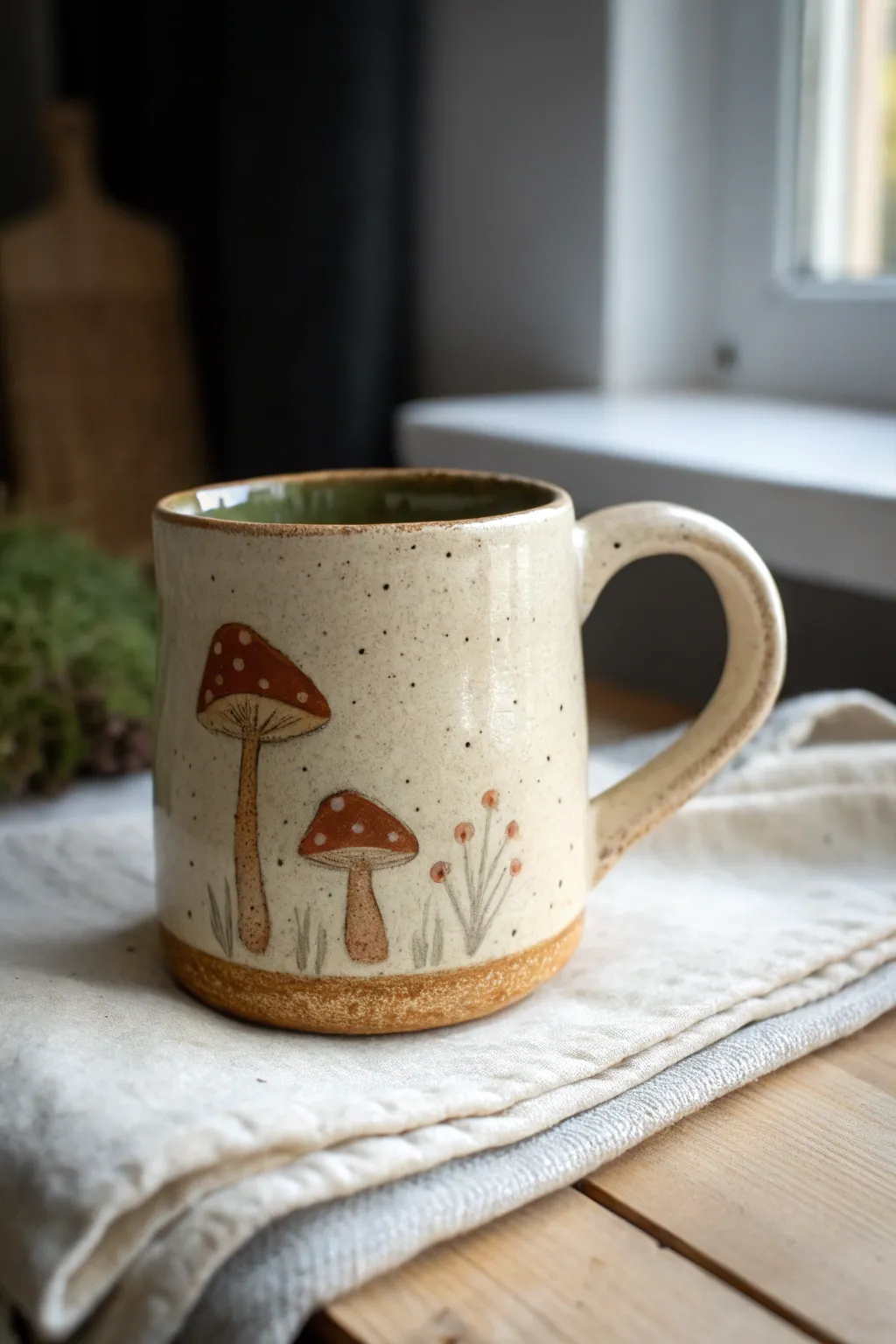 Mushroom Rim Whimsy Mug with a wavy rim and tiny fungi details, finished in earthy modern glaze.