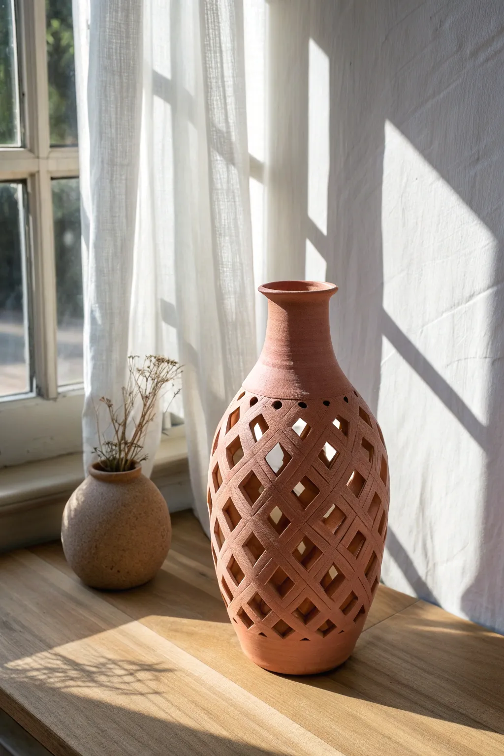 Cut-out lattice clay luminary vase casting bold sunlit shadows in a calm, minimalist scene.