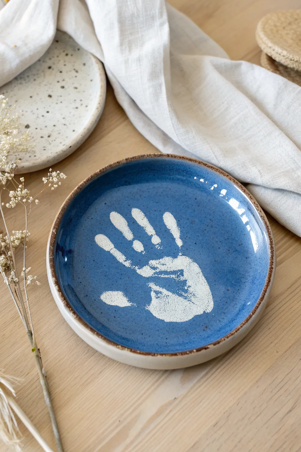Minimalist negative-space handprint plate in bold speckled glaze, a modern boho keepsake.