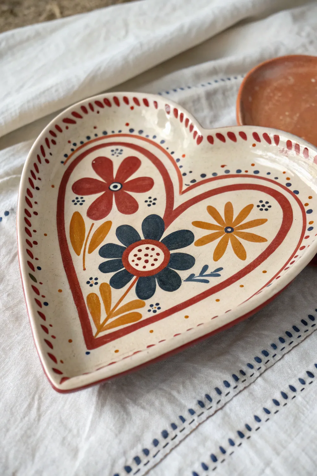 Paint a folk art heart plate with simple florals in earthy reds, mustard, and deep blue