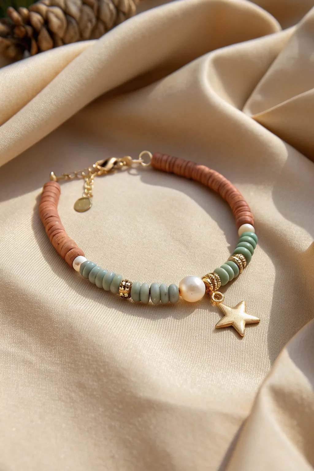 Earthy heishi clay bracelet with a tiny charm cluster center for a simple boho-minimal look