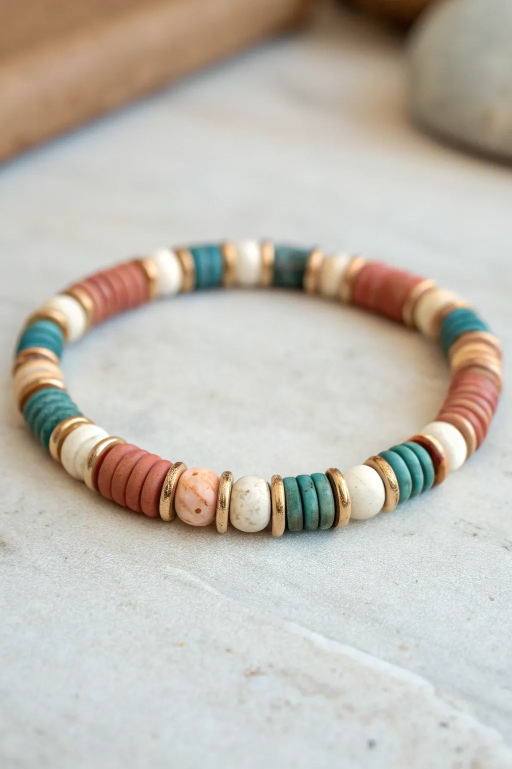Marbled DIY heishi bracelet with bold swirls and minimal spacers, clean Scandinavian-boho vibe.