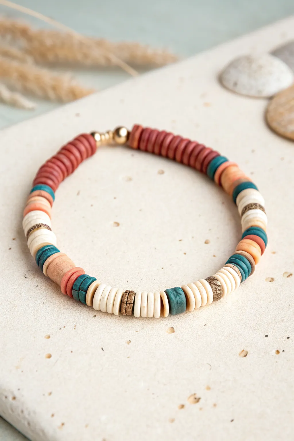 Artsy heishi bracelet with marbled, mixed-size discs and bold color accents on a clean backdrop.