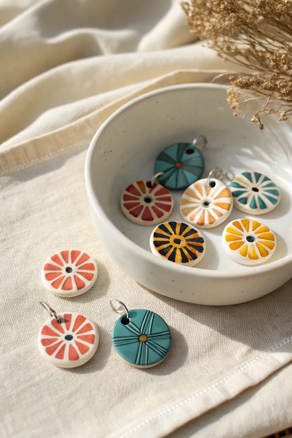 Bold millefiori clay cane slices turned into mini charms, styled as a modern color study.