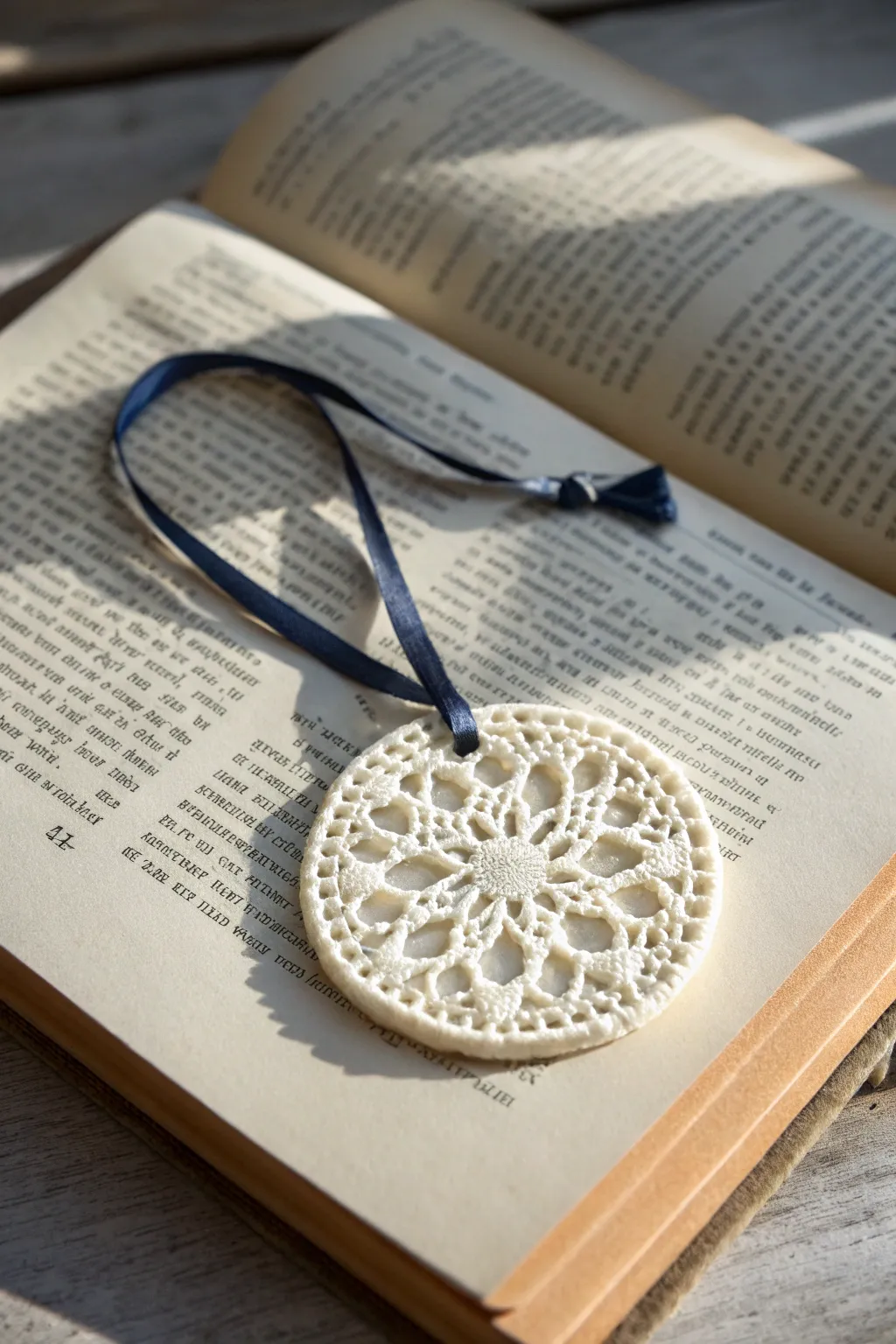 Lace-pressed clay medallion with antique wash and indigo ribbon for soft vintage contrast.