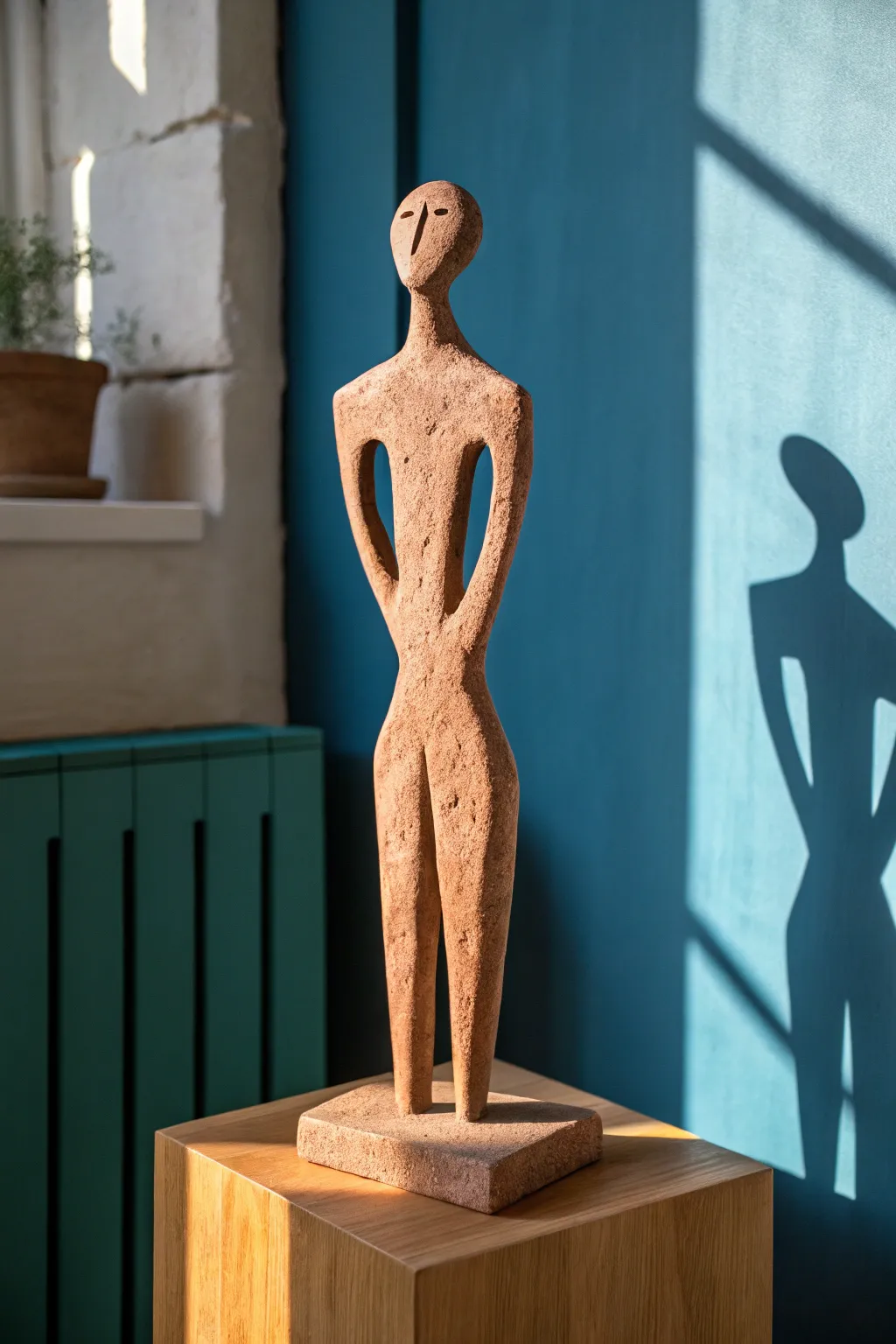 Minimalist clay silhouette with cutouts, casting dramatic shadows in a modern boho palette