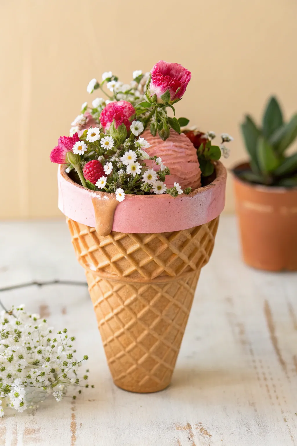 Waffle cone clay pot with a pink scoop and sprinkles, styled with bright blooms and clean contrast.