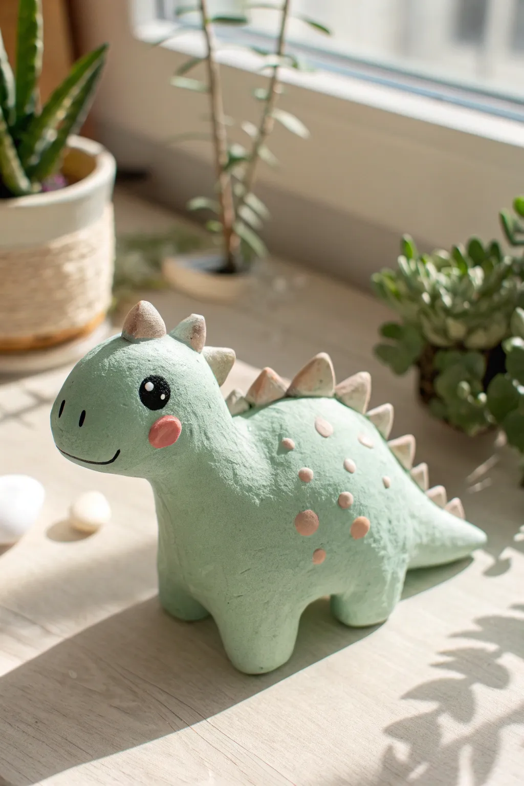 Mint kawaii clay dino with plate spikes, an easy air-dry project with bold contrast and charm