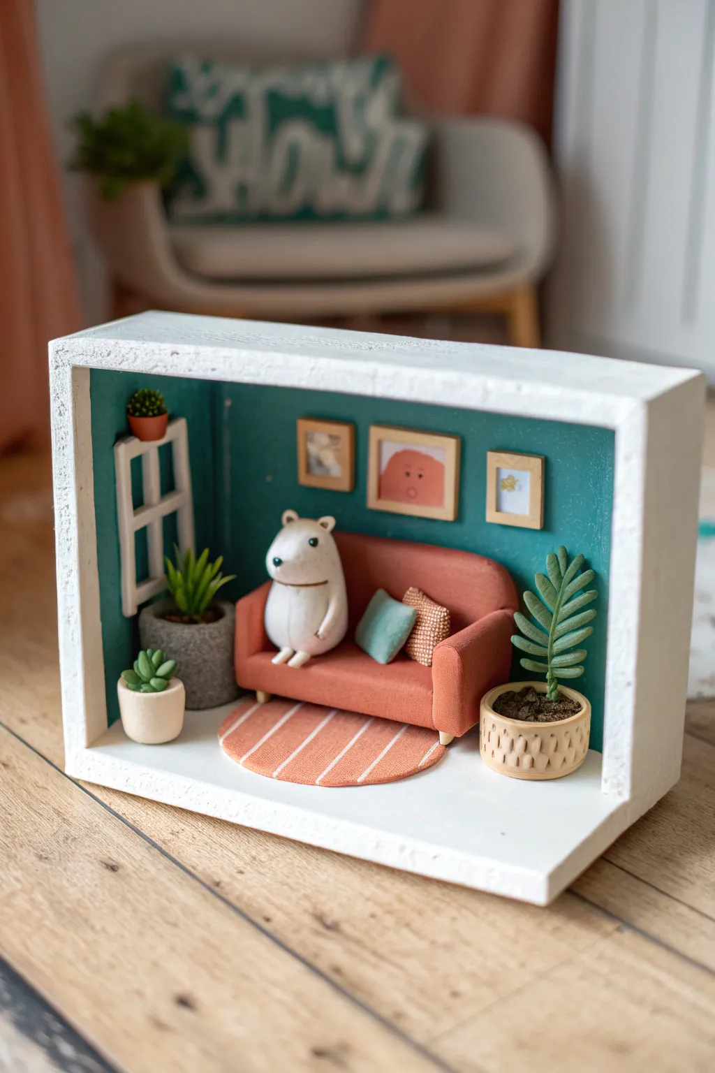 Mini cozy room clay diorama: chubby animal on a sofa with a tiny plant, simple and adorable.