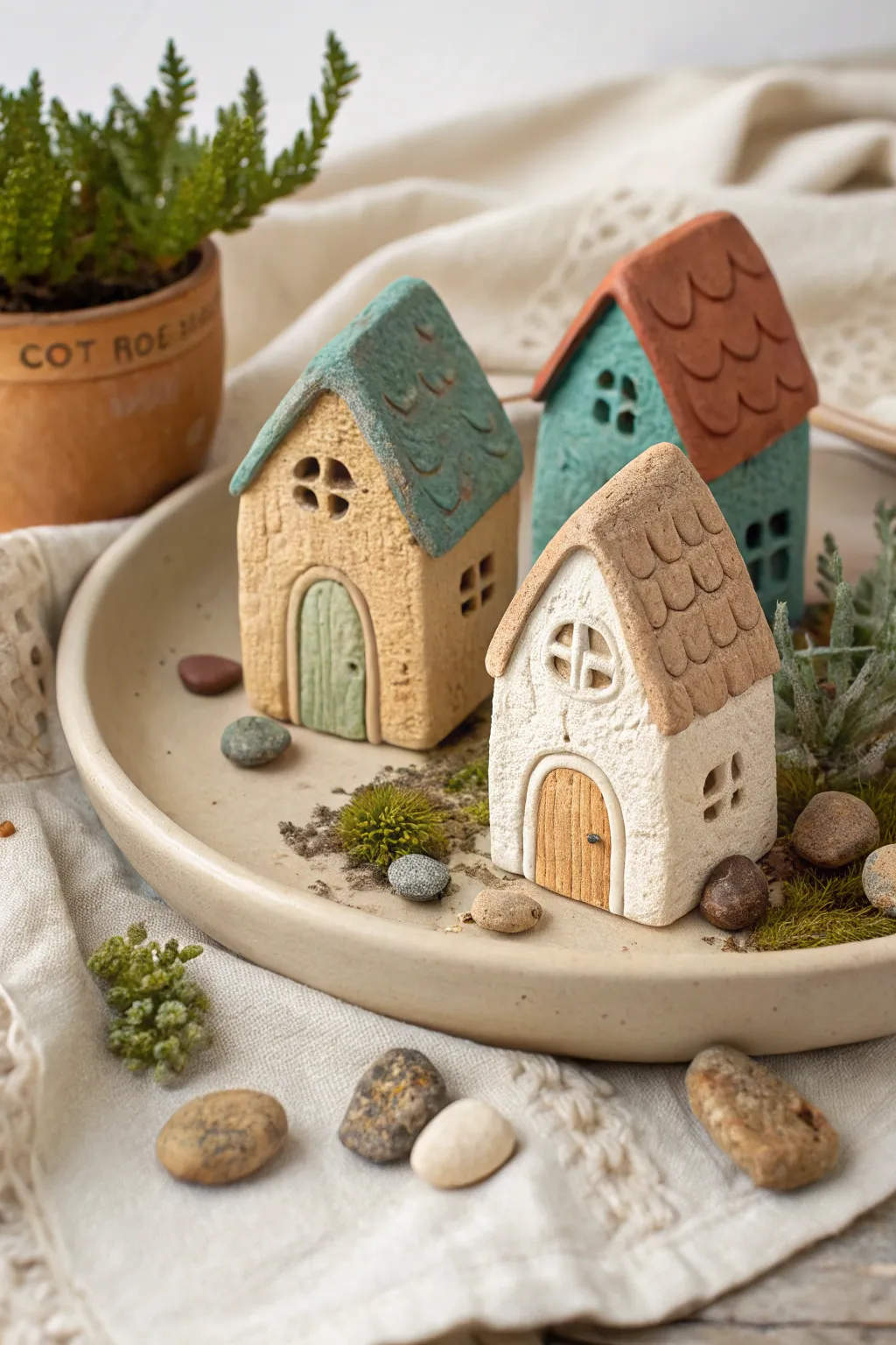 Three air dry clay fairy houses on a simple tray, earthy tones, moss and pebbles, cozy and minimal