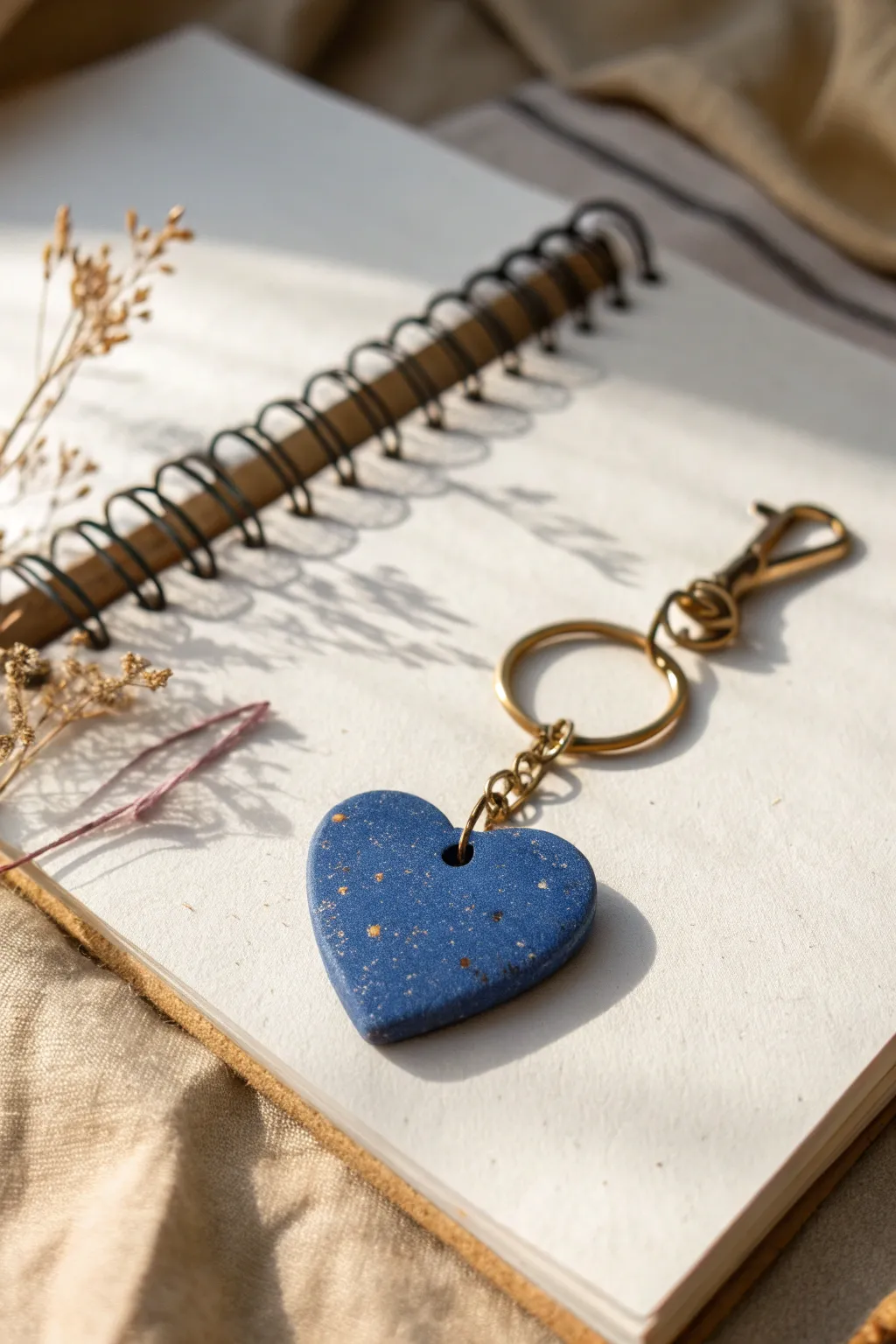 A bold cobalt clay heart charm on a brass ring, styled on a clean notebook for everyday magic.