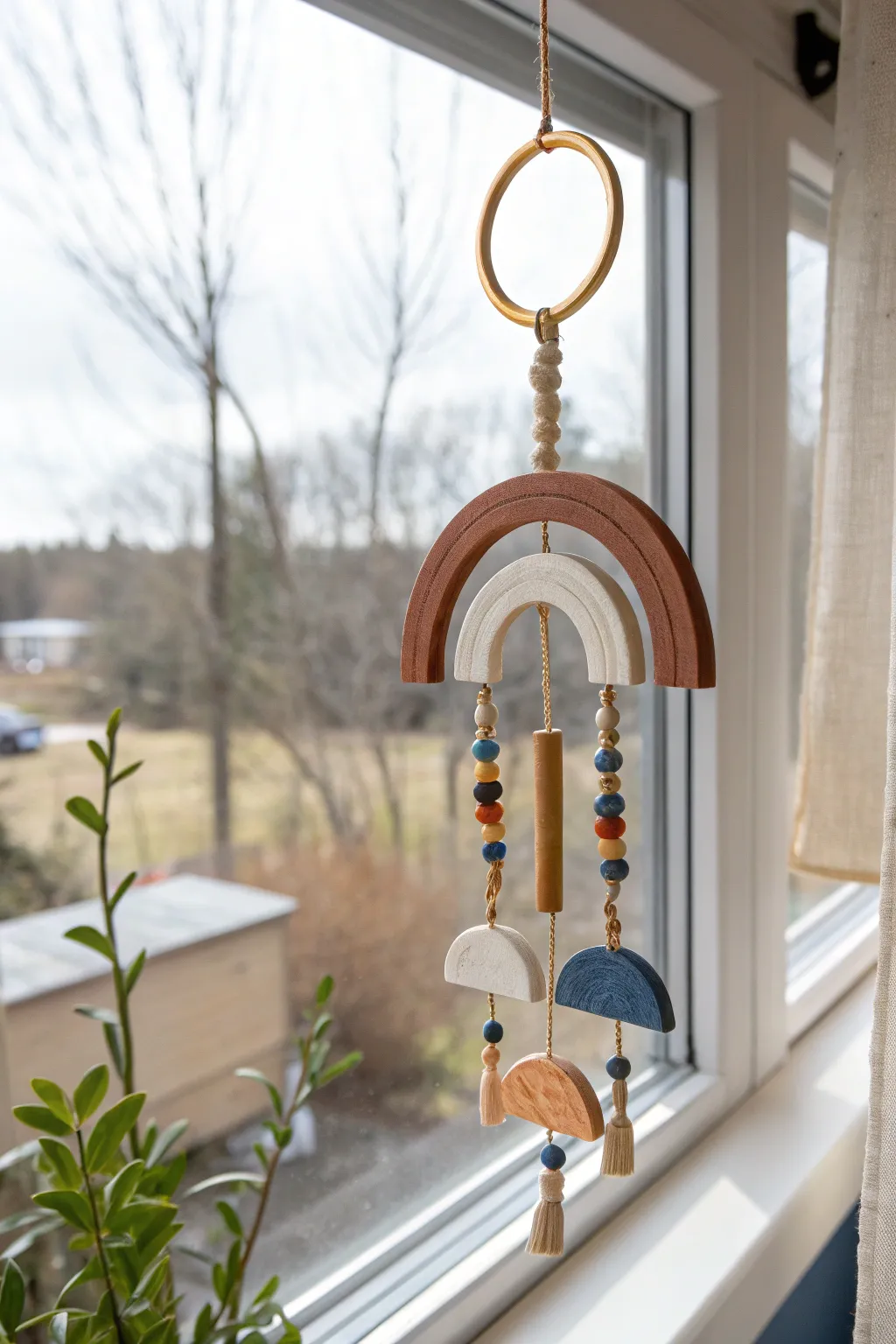 Sunlit air dry clay suncatcher with cutouts and beads, a minimalist boho window accent.
