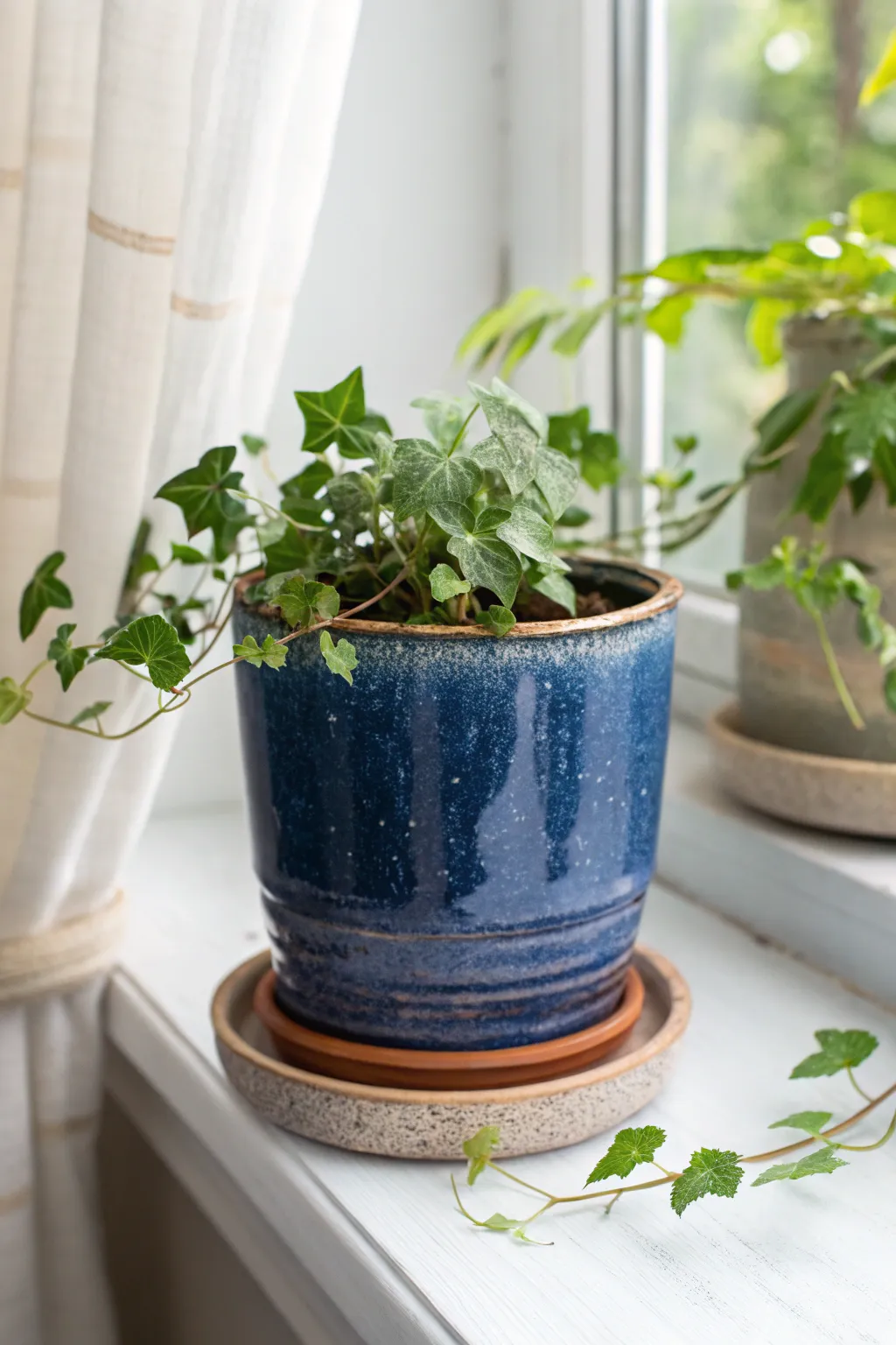Self-watering ceramic planter keeps ivy lush on a sunny sill, minimal and beautifully bold.